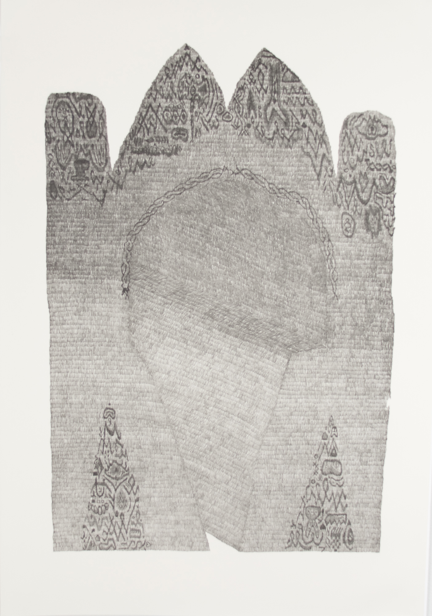 A monochromatic print depicting four vertical architectural forms with decorated peaked tops arranged like stylized towers or buildings. The composition features intricate patterned details along the upper edges and lower sections, with a large blank central area creating negative space between the structures.