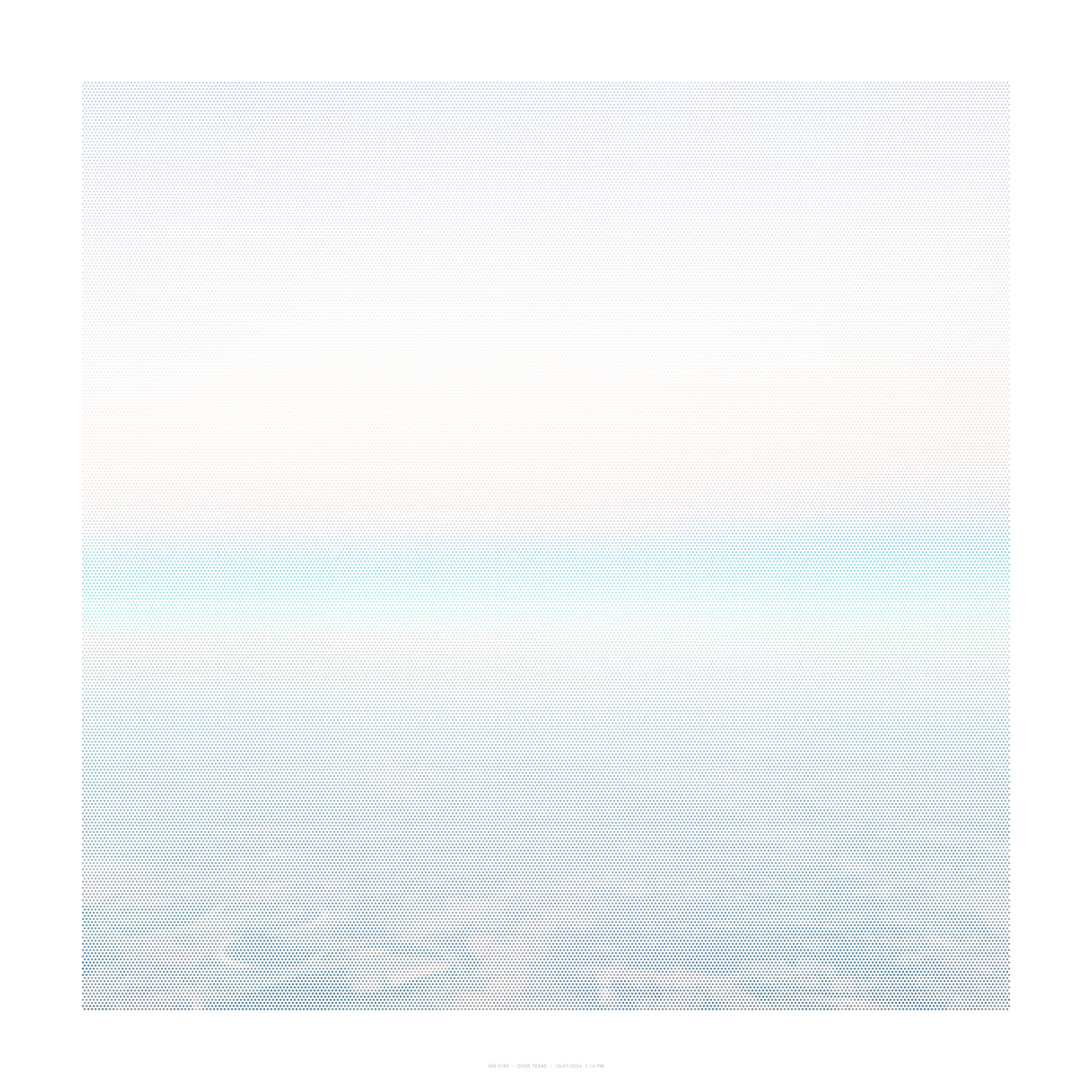 A minimalist composition divided horizontally into two sections: the upper half features a subtle gray dotted pattern that gradually transitions to white, while the lower half shifts to pale blue tones, creating a soft gradient effect across the entire surface. The work employs a fine halftone or dot-matrix aesthetic that suggests atmospheric conditions or satellite imagery.