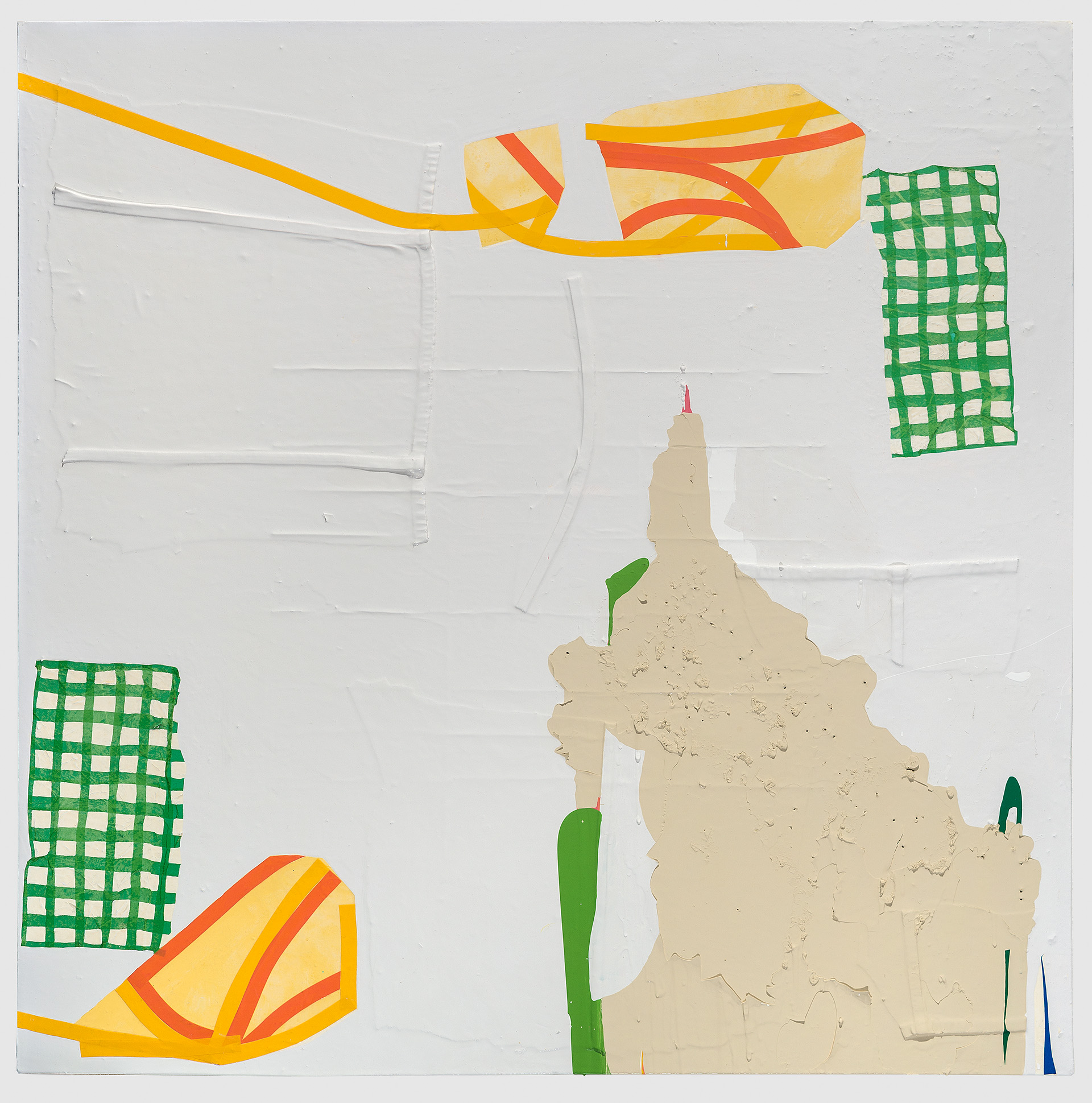 Mixed media collage on canvas featuring a cream-colored architectural silhouette with a pointed spire at center, surrounded by geometric shapes in bright yellow, orange, red, and green. Checkered patterns in green and white, curved ribbon-like forms, and layered paper and fabric elements create an abstract composition against a light background.