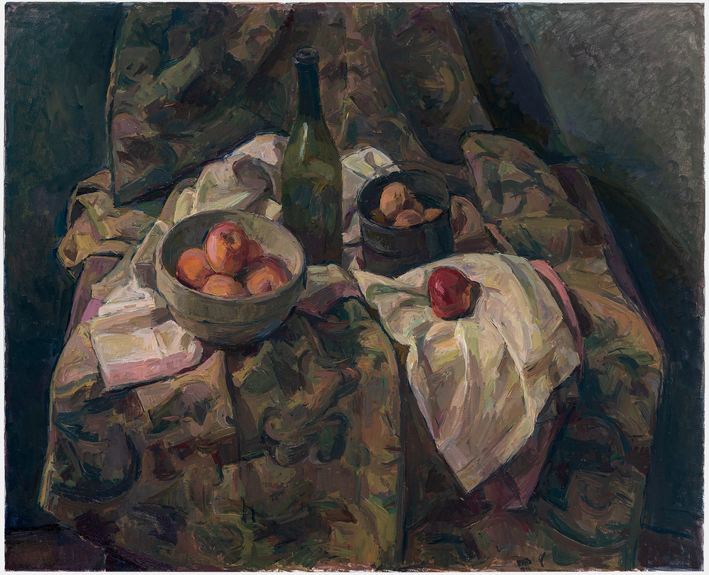 A still life composition featuring a patterned tablecloth with bowls of red apples and a dark pot, accompanied by a green bottle, arranged among rumpled cream and mauve-toned fabrics. The painting employs loose, expressive brushwork in earthy and muted tones, with dramatic shadows creating depth against the dark background.