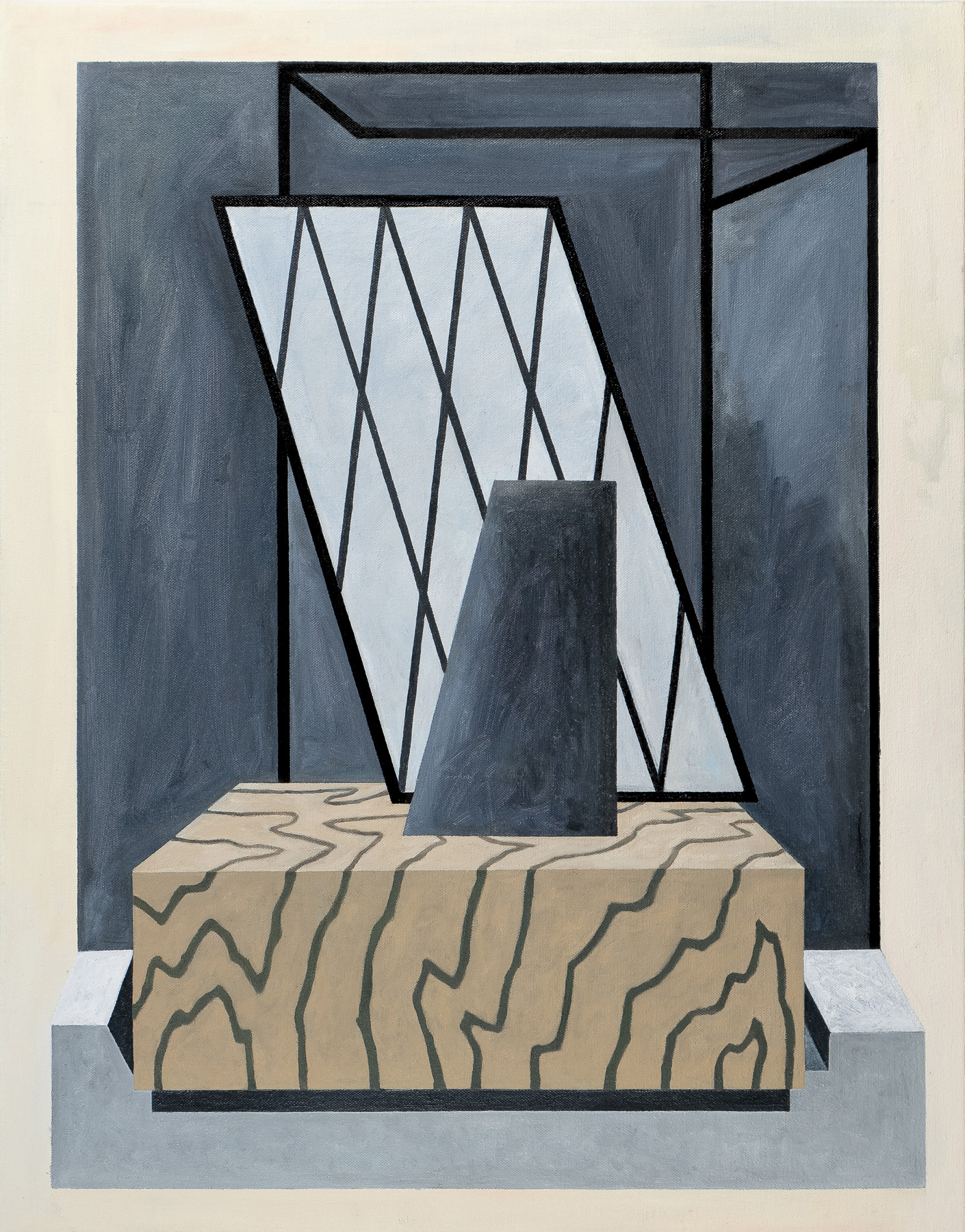 An abstract geometric composition featuring a dark gray interior space with a tapered light gray column at its center. The back wall displays a pattern of intersecting black lines creating diamond shapes against a pale background, while the foreground shows a tan platform with wavy linear markings. The composition is defined by bold black outlines and a restrained palette of grays, blacks, and muted earth tones.