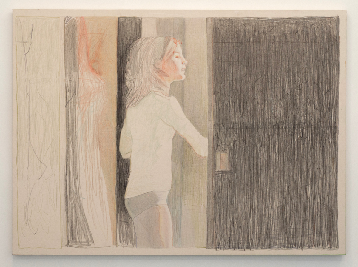 A figure with long blonde hair stands in profile facing right, wearing a white long-sleeved shirt and gray underwear. The composition features vertical striations in charcoal and graphite creating an abstract architectural or interior space around the central figure, with areas of warm peach tones contrasting against cool grays and blacks.
