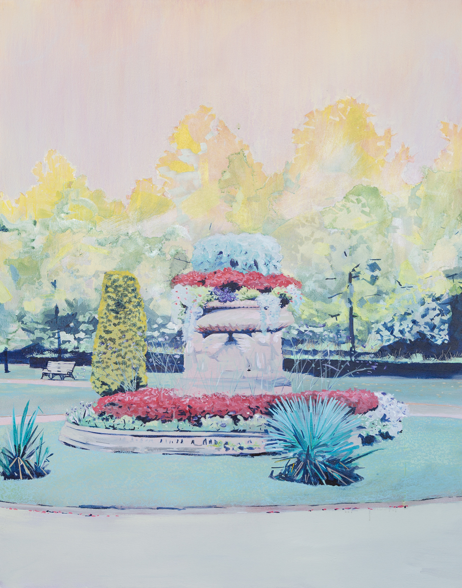 Watercolor-style painting of a formal garden landscape featuring a tiered planter with red flowers at center, surrounded by manicured beds of blue, pink, and white blooms. Tall yellow-green trees create a luminous canopy in the background, while the composition employs soft pastels and translucent layers of blue, yellow, and green across the entire scene.
