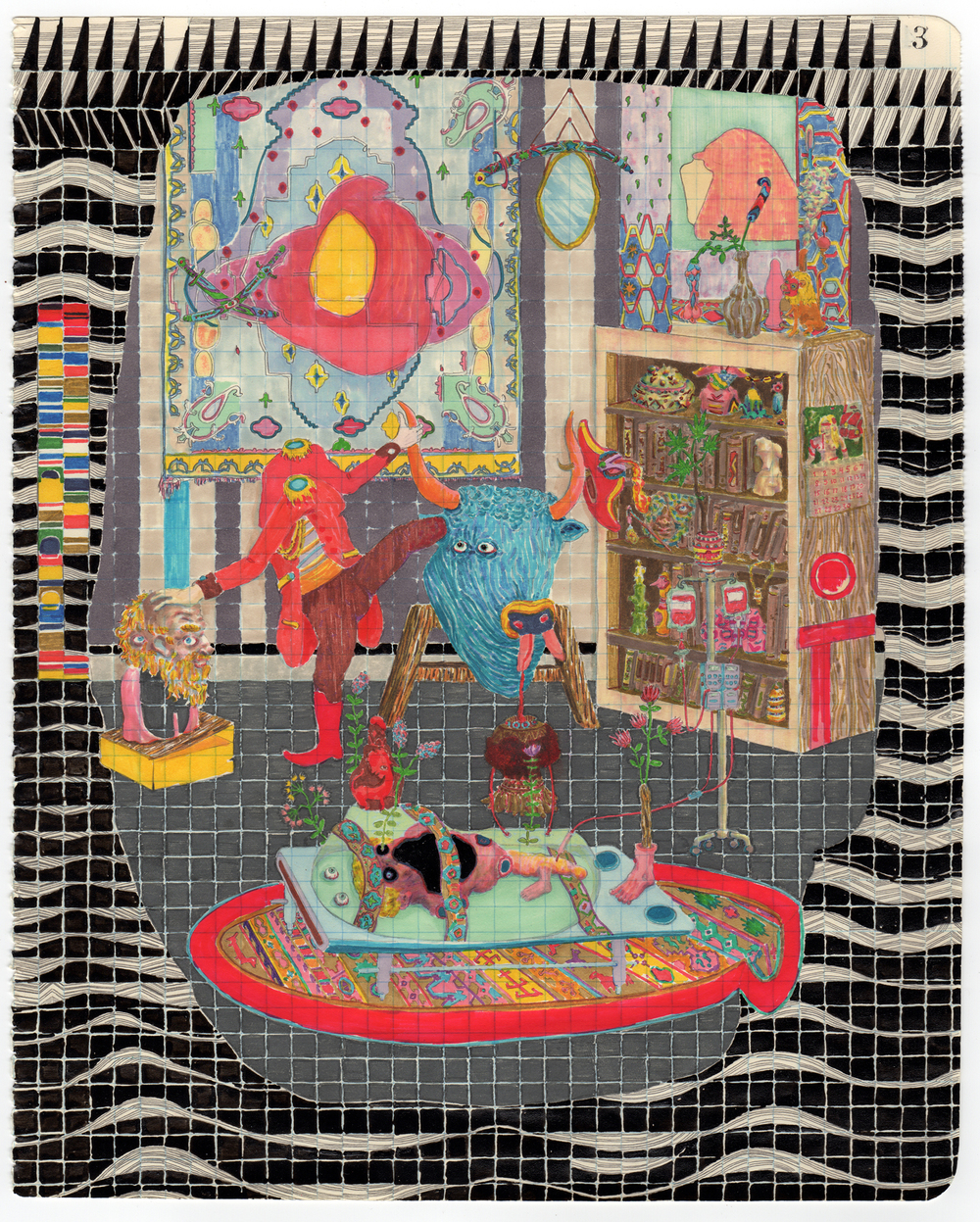 A vibrant, intricately detailed drawing on paper depicting a fantastical interior scene with whimsical creatures and ornate furnishings. The composition features a colorful blue horned figure in red clothing, a patterned animal resting in a decorative red vessel, decorative wall hangings, shelving filled with objects, and a large glowing red doorway or window, all rendered in vivid jewel tones against a dark grid-patterned floor, with a colorful stripe palette visible along the left edge.