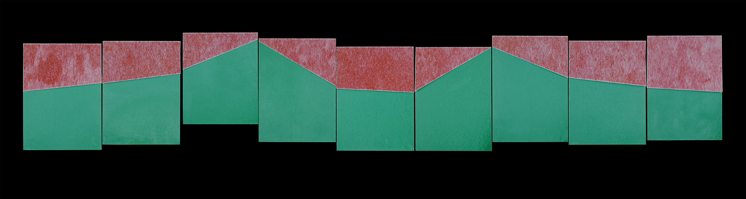 A linear composition of rectangular paper segments arranged horizontally, alternating between deep teal-green lower sections and textured red upper sections. The edges between colors form an irregular, jagged boundary that creates a fragmented, cut-paper aesthetic against a black background.