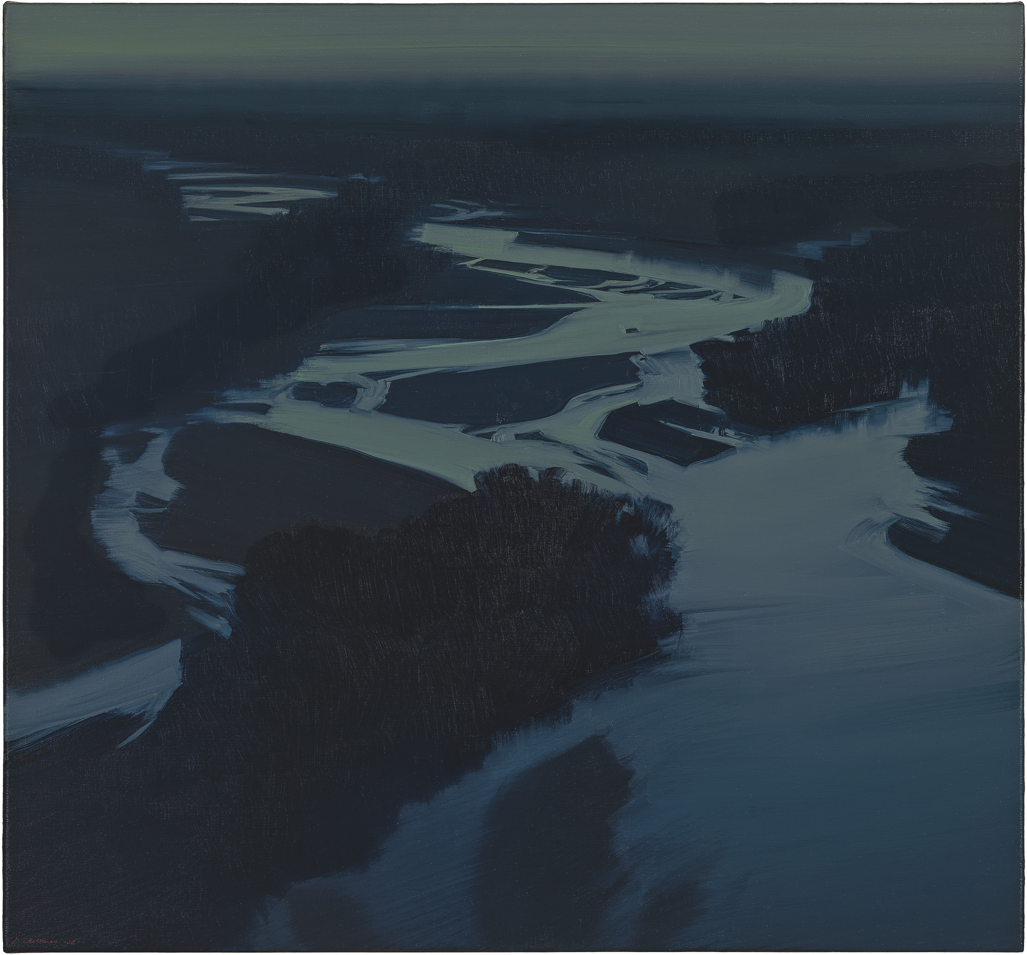 Aerial view of a winding river with pale, luminous water cutting through dark forested landscape. The composition features stark contrast between the bright, serpentine waterway and the surrounding dense woodland rendered in deep blues and blacks, creating a moody, atmospheric nocturnal scene.
