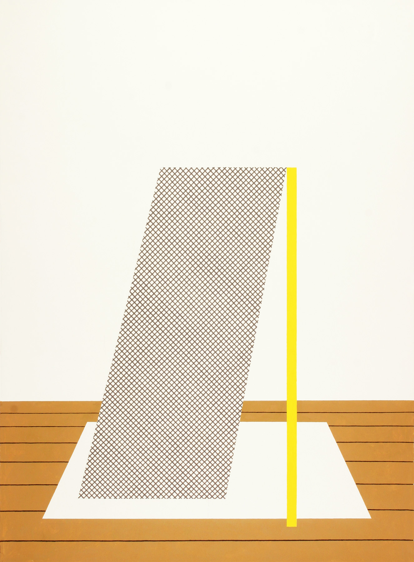 A geometric composition featuring a tilted parallelogram with a crosshatch pattern in gray-brown tones, positioned above a white trapezoid on a wooden floor. A bright yellow vertical rectangle extends from the trapezoid upward, bisecting the hatched form, creating a dynamic balance between the angular shapes and bold color accent.