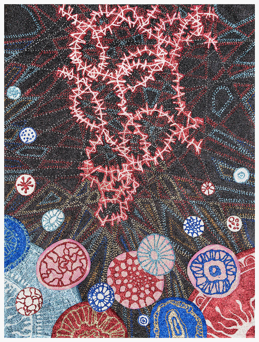 An intricate mixed-media composition featuring a central branching tree form rendered in neon pink against a dark, densely textured background dotted with red, blue, and gold particles. The lower portion displays larger circular biological or microscopic forms in red, blue, and cream tones with radiating line patterns, creating a layered effect that suggests growth, connection, and organic complexity.