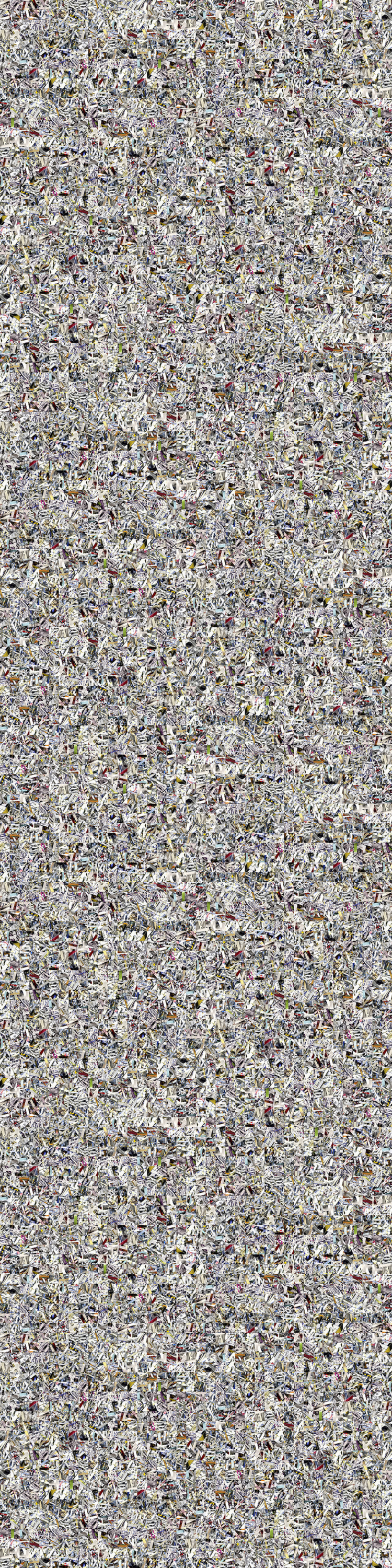 A densely layered abstract composition filled with intricate gestural marks, fragmented text, and overlapping linear elements in muted tones of gray, purple, olive, and cream. The surface appears chaotic and highly textured, with no clear focal point, creating an all-over pattern that suggests accumulated marks or collaged fragments compressed into a unified field.
