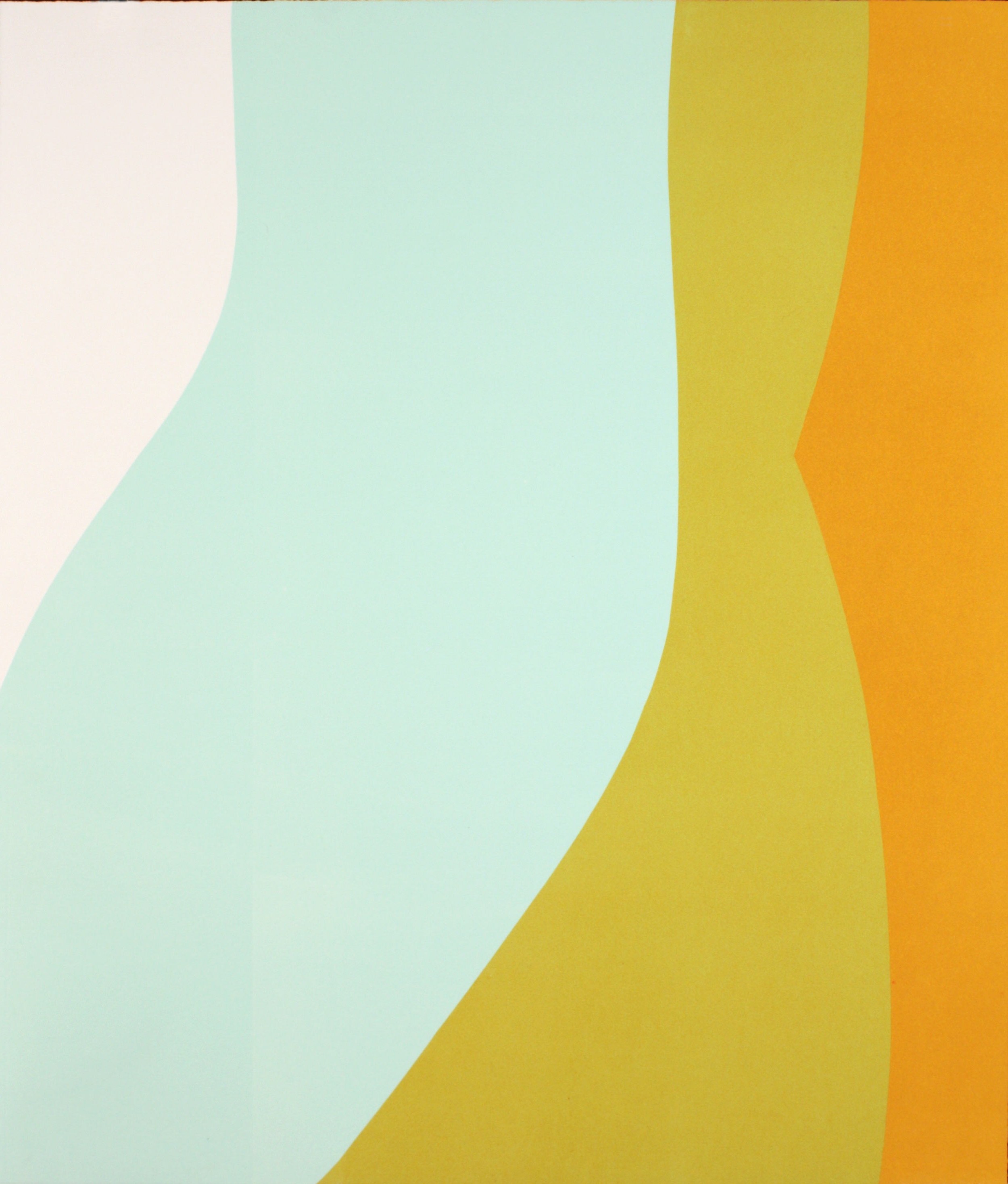 Abstract composition featuring curved, interlocking bands of soft mint green, chartreuse yellow, and burnt orange against a pale cream background. The organic shapes create a sense of flowing movement across the canvas, with clean color transitions characteristic of minimalist relief printing.