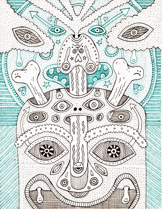 Intricate black and turquoise ink drawing featuring a symmetrical, totem-like composition of stacked faces and eyes rendered in detailed line work and patterns. The layered design combines organic forms with geometric textures, creating a meditative, mask-like structure that extends vertically across the paper.