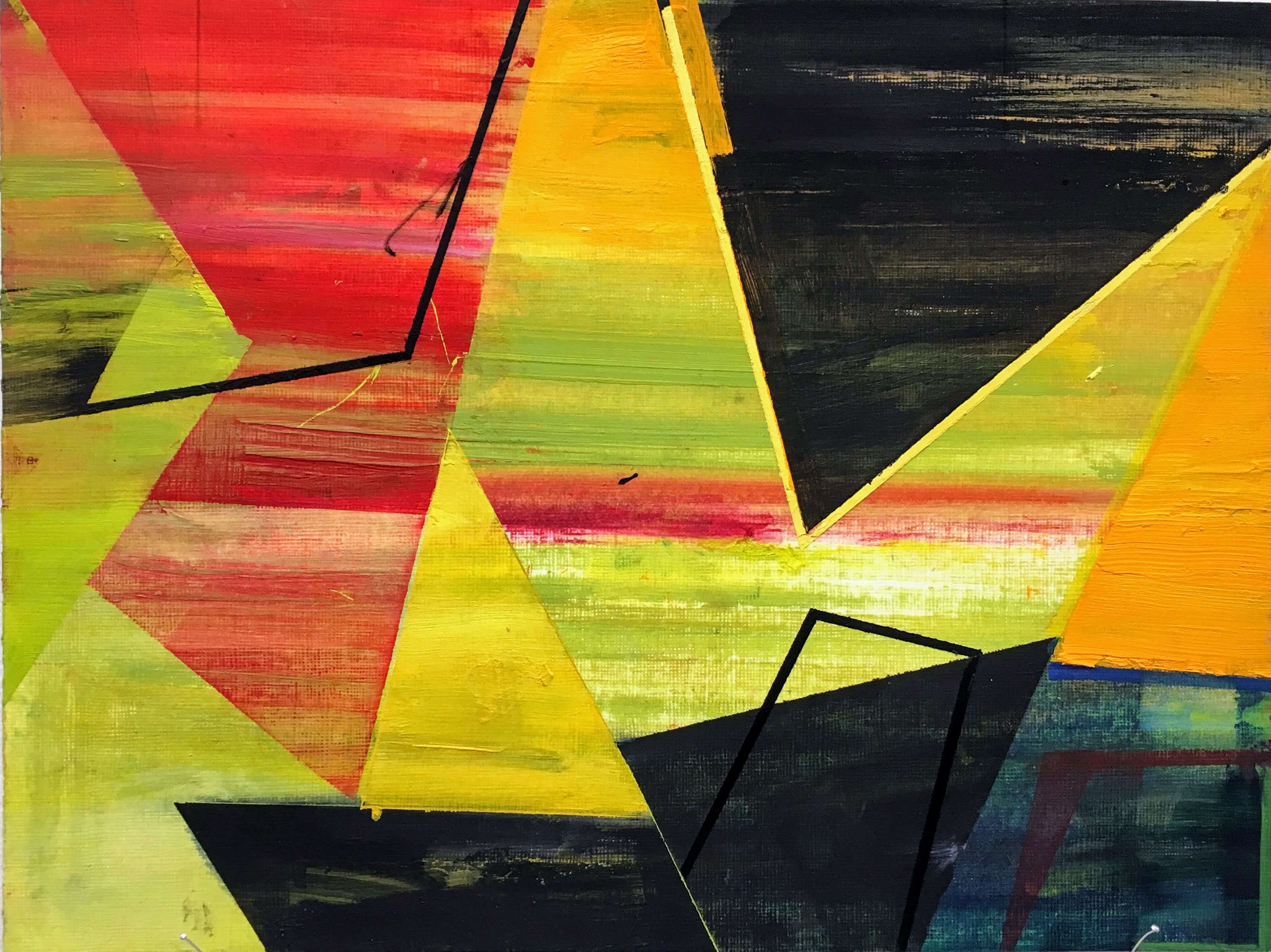 Abstract composition of overlapping geometric shapes in vibrant yellows, reds, greens, and oranges, accented by bold black lines and dark navy sections. The angular, layered forms create a dynamic interplay of color and form across the canvas.
