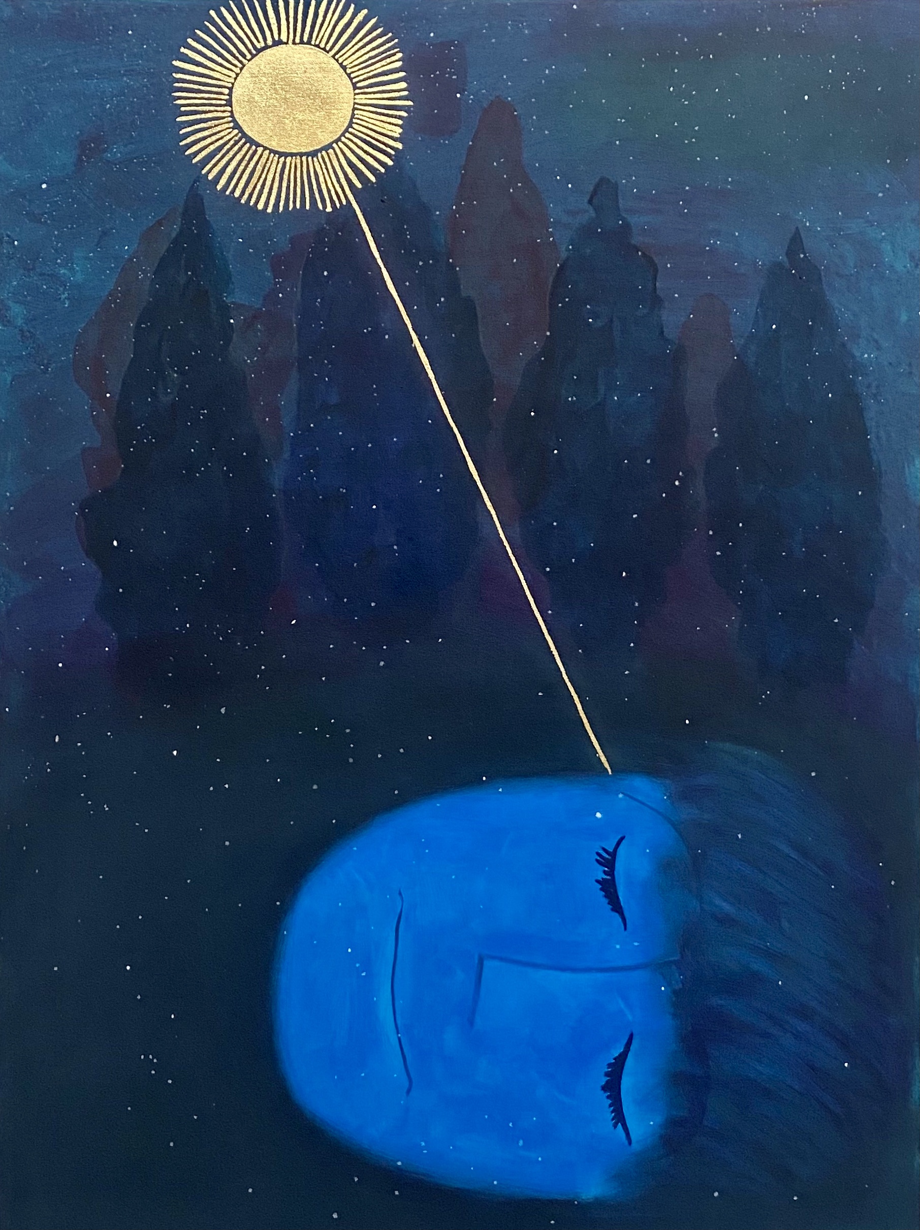 A glowing blue orb with closed eyes floats in the lower foreground, connected by a delicate gold line to a radiant golden sun with radiating lines at the top. Dark, jagged mountain silhouettes rise against a deep blue starry night sky, creating a surreal landscape of contrasting celestial and terrestrial elements.