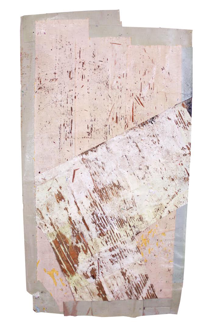 Abstract monoprint and transfer work on translucent tape featuring layered gestural marks in rust, brown, and cream tones. The composition combines delicate linear scratches and broader brushed passages across irregularly shaped overlapping sheets, with hints of yellow ochre visible in the lower section.