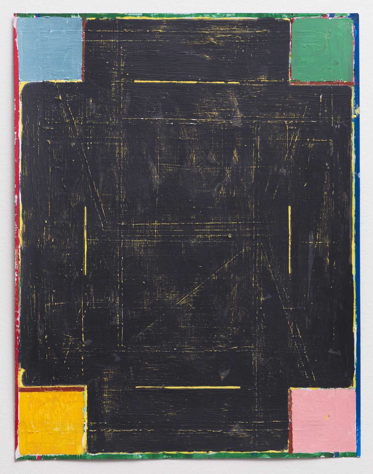 Abstract composition dominated by a large dark charcoal-colored central field with gold linear marks and geometric divisions, framed by colored rectangular sections in light blue, green, yellow, and pink positioned at the corners and edges against a multicolored border in red, blue, and green.
