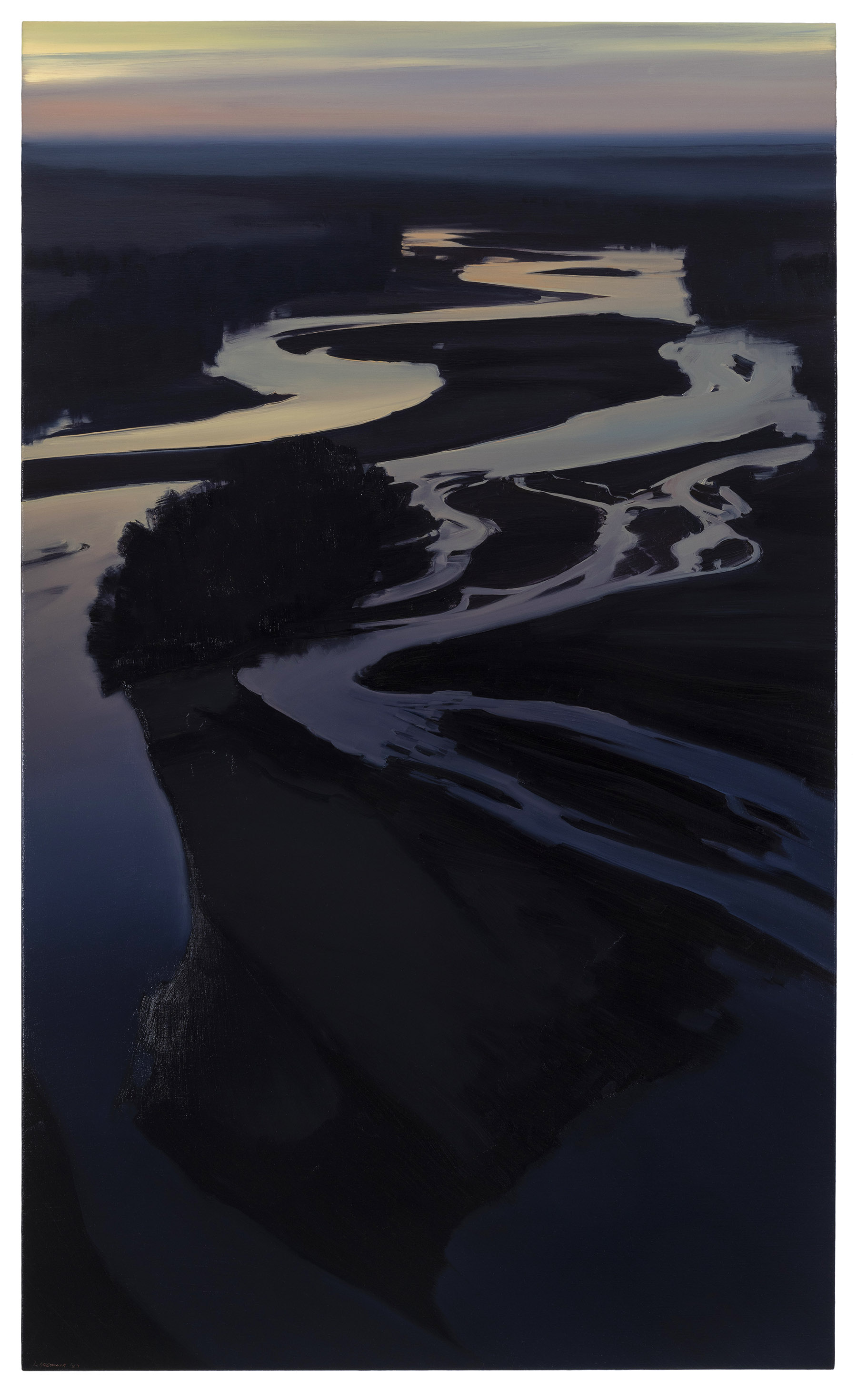 Aerial view of a winding river with sinuous sandbars cutting through dark forested terrain, rendered in muted blues and purples during twilight, with a golden-pink sky along the horizon.
