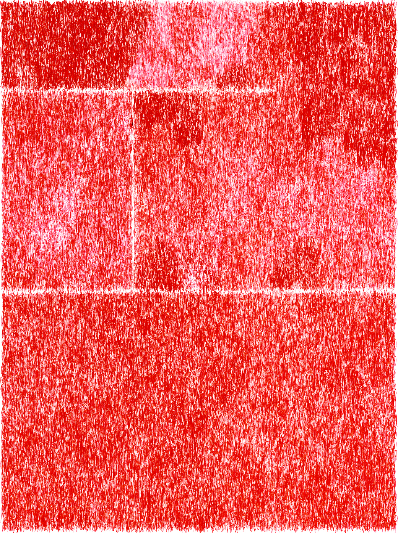 Abstract composition of red and pink vertical lines and marks densely layered across the canvas, creating a textured, vibrant surface with subtle variations in tone and intensity. White horizontal bands divide the composition into distinct sections, emphasizing the linear, gestural quality of the work.