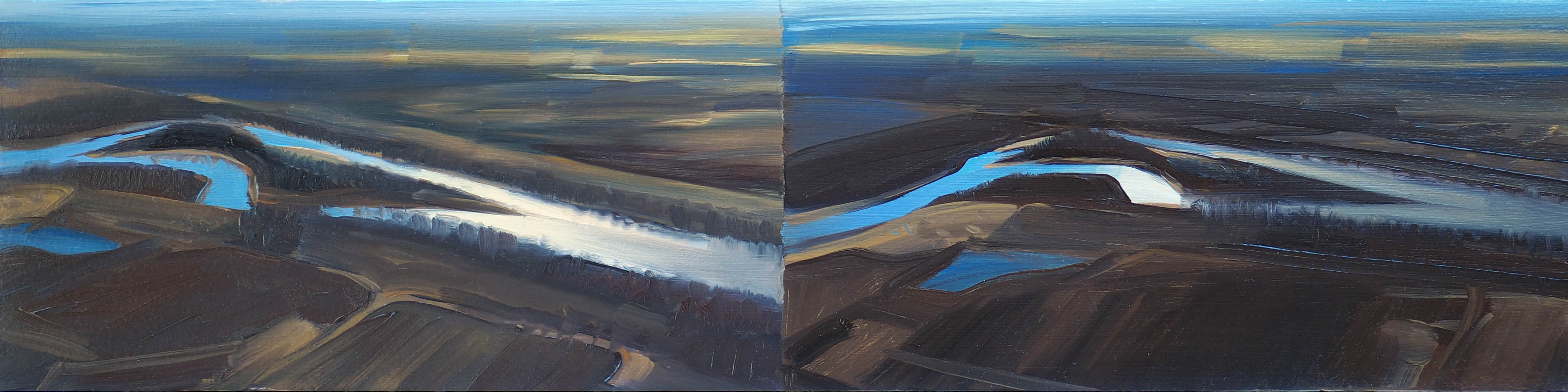 Diptych aerial landscape painting depicting a winding river with bright blue water cutting through forested terrain and agricultural fields in warm earth tones. The composition uses a vertical seam dividing two nearly symmetrical views of the meandering waterway from above.
