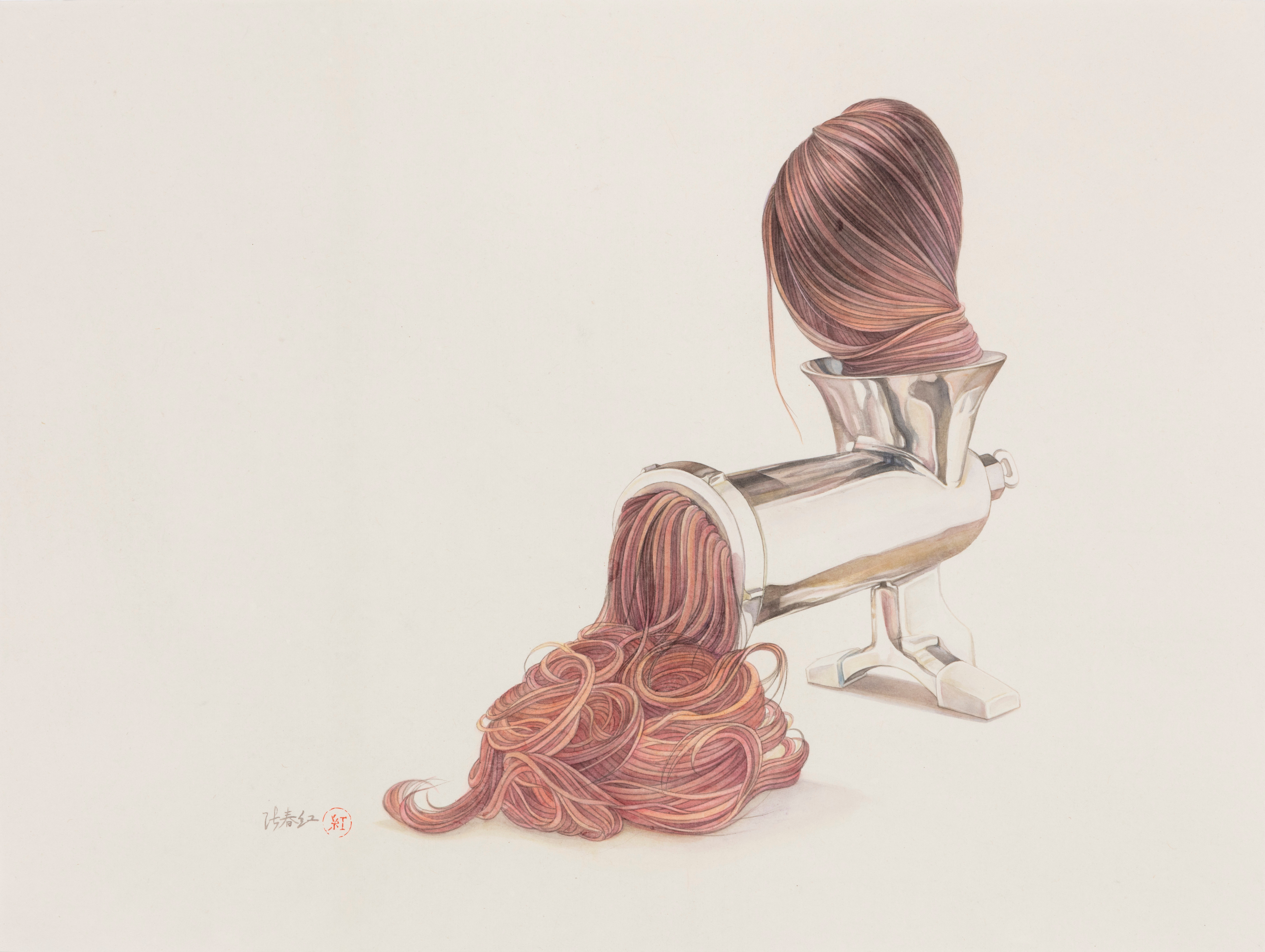 A detailed drawing depicts a pasta machine with long strands of reddish-pink hair emerging from its opening and pooling below. The figure of a woman with similar colored hair is visible within the machine's chamber, rendered in delicate brushwork with soft washes of color against a pale background.