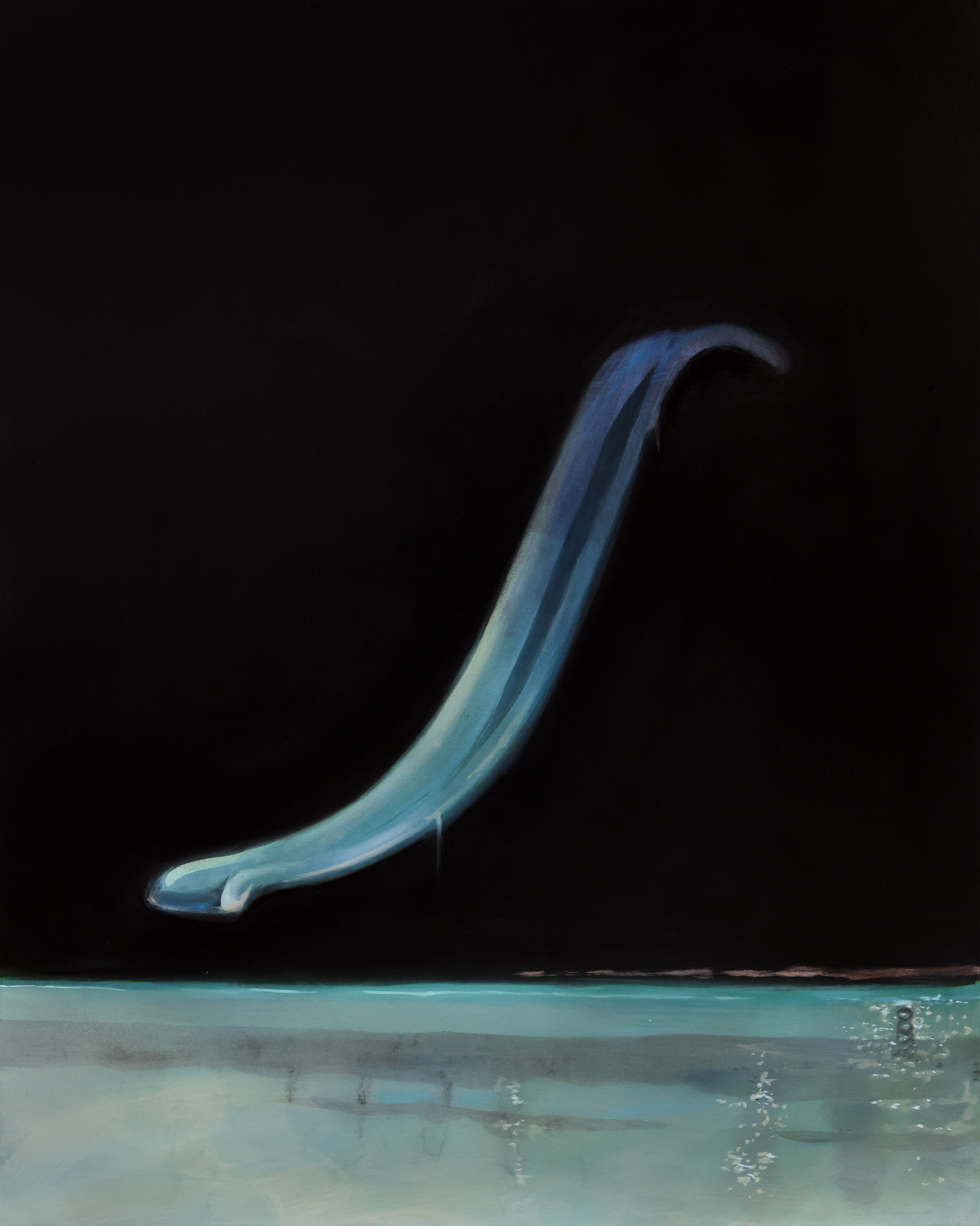 A towering curved blue water slide extends dramatically upward against a black sky, its smooth surface gleaming with highlights. Below, shallow turquoise water reflects the structure's form, creating a surreal, dreamlike composition.