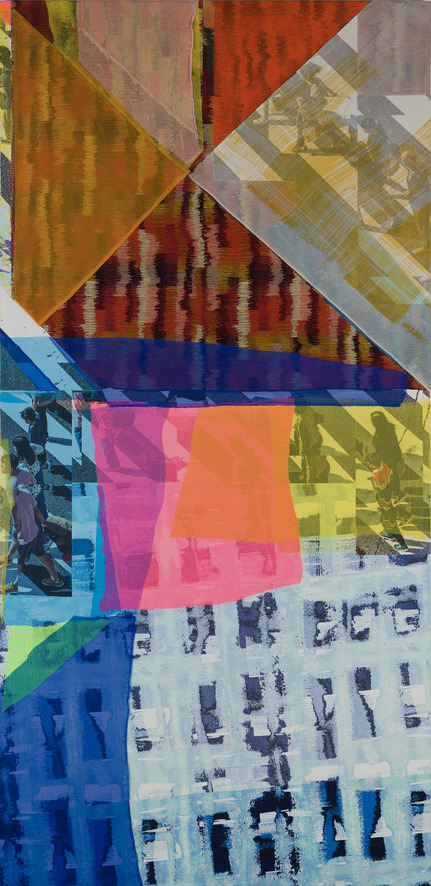 A dynamic mixed-media composition featuring bold geometric shapes and vibrant colors layered across the canvas. Overlapping triangular and rectangular forms in warm oranges, reds, and yellows intersect with cooler blues and teals, while translucent fabric creates textural depth and movement throughout the piece. Fragmented architectural imagery and digital elements are visible beneath the abstracted color fields, creating a sense of visual complexity and layered discovery.