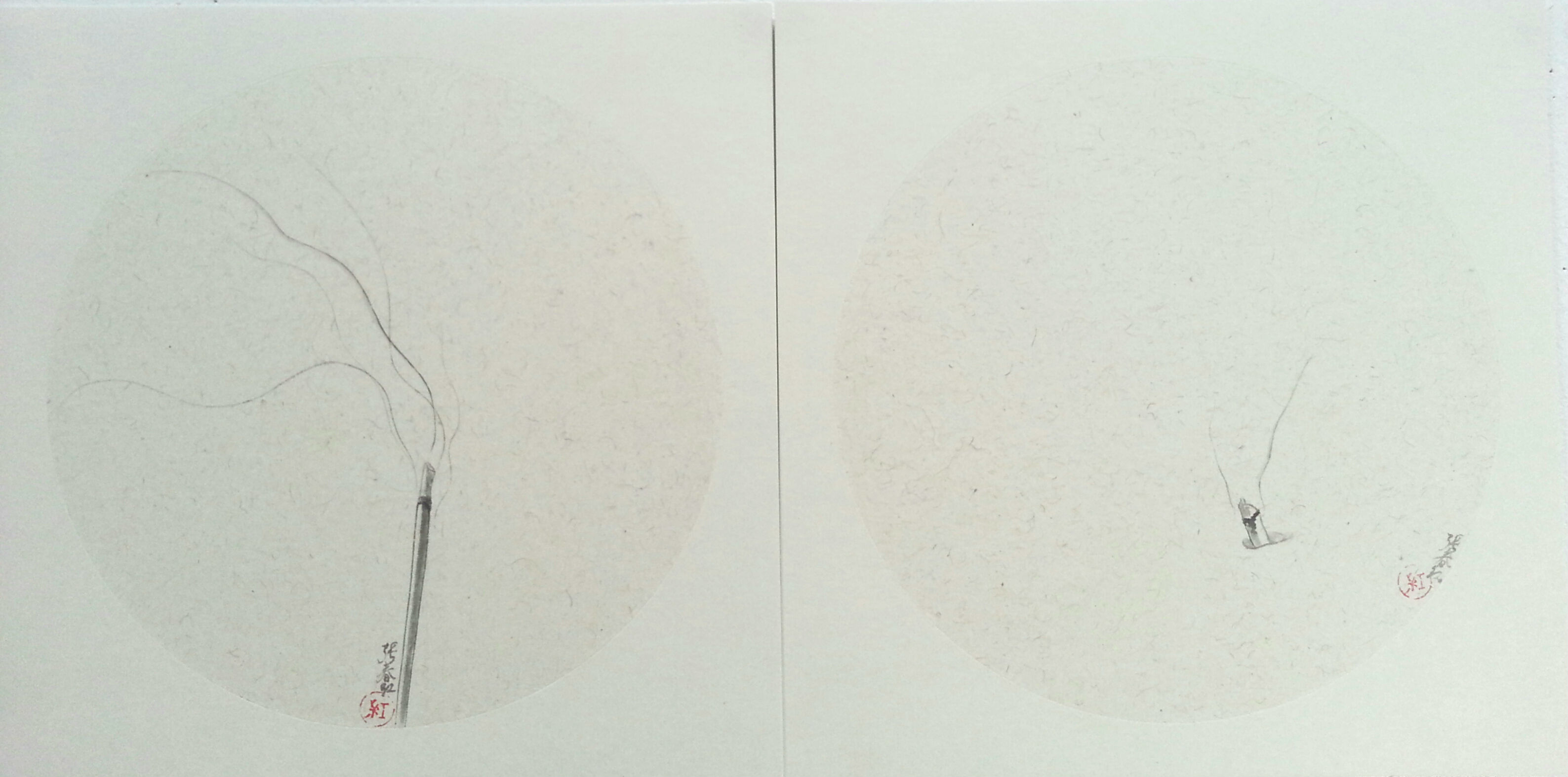 Two delicate vertical compositions on cream-colored paper, each featuring a thin metal rod or tube with wispy lines extending upward, accompanied by small red seal stamps and faint circular impressions in the lower portions.