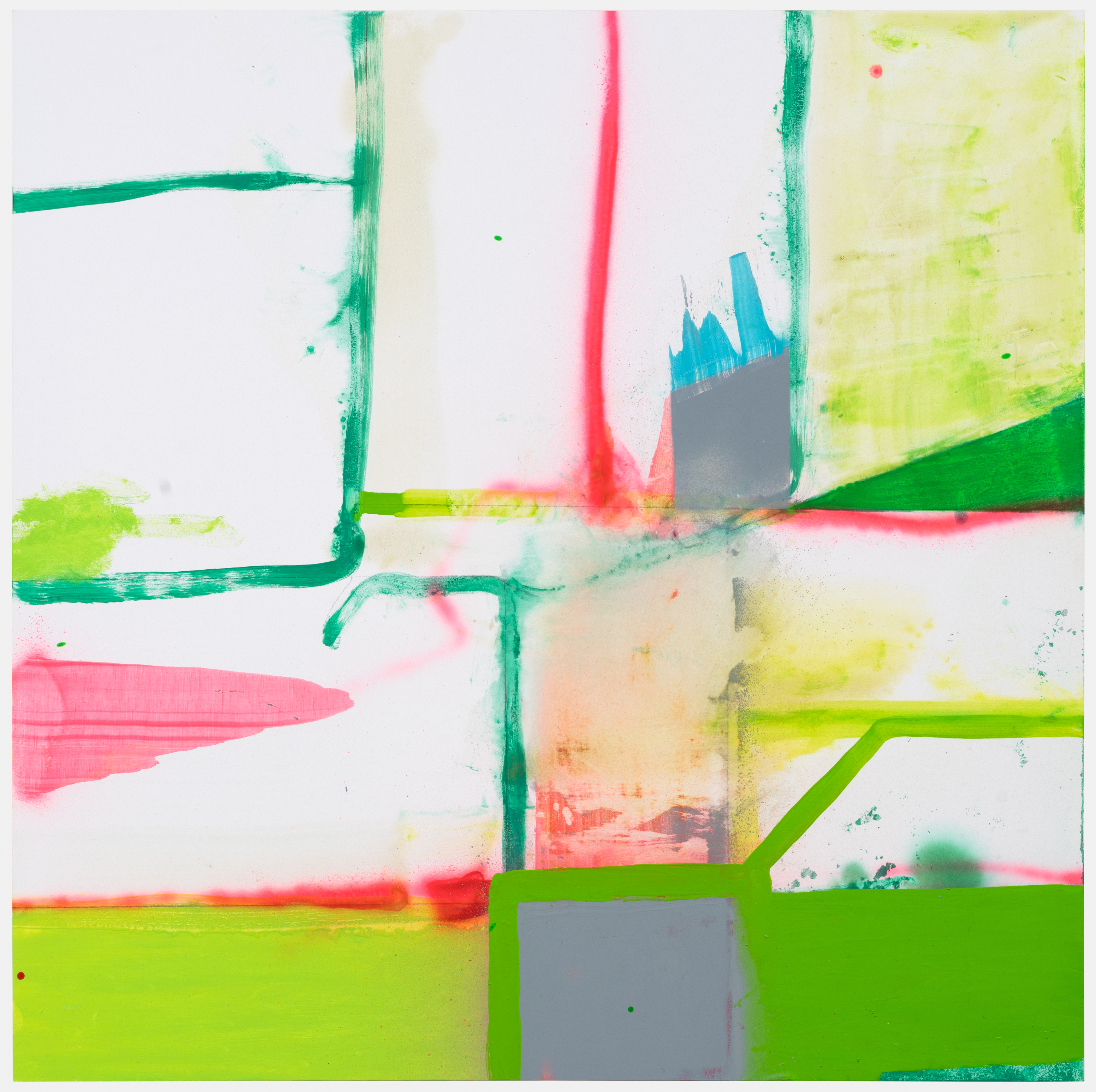 Abstract composition with vibrant neon green, hot pink, and teal geometric lines and shapes layered across a white ground, featuring areas of soft color bleeding and diffusion creating a sense of depth and movement.