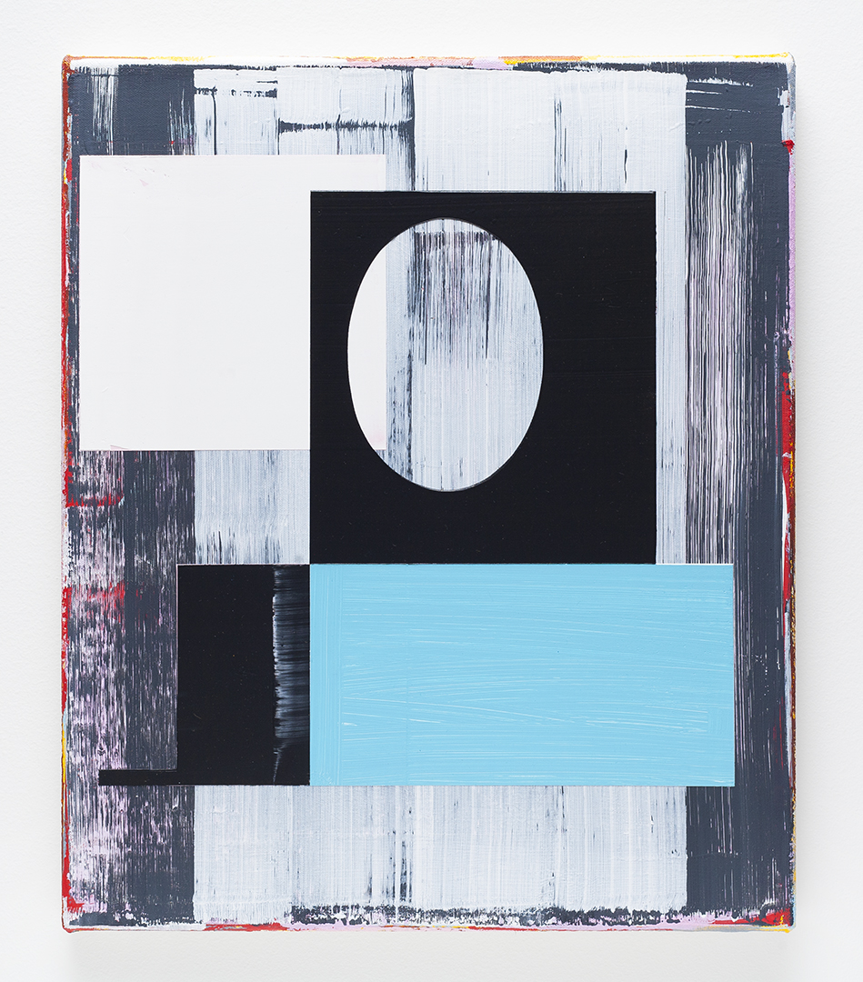 Abstract composition featuring a white oval shape centered within a black rectangle, positioned above a bright turquoise horizontal band. The background consists of vertical brushstrokes in white, dark blue, and gray, with accents of red and yellow along the edges, creating a layered, textured appearance.