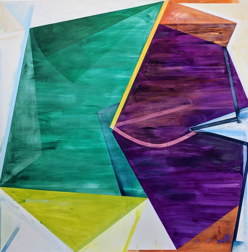 Abstract geometric composition featuring overlapping angular shapes in vibrant colors including emerald green, deep purple, chartreuse yellow, orange, and coral, separated by bold yellow and white lines against a light neutral background.