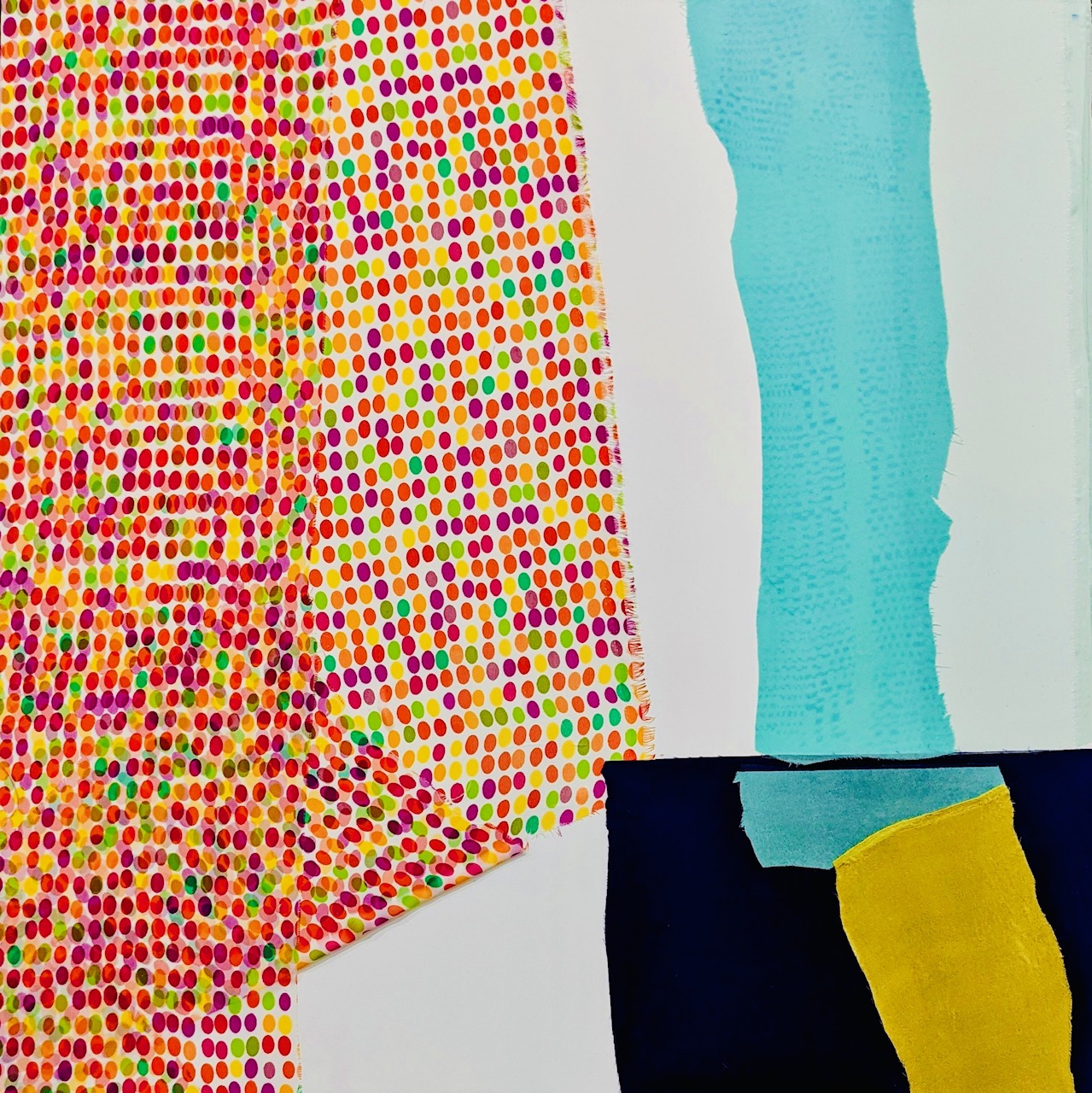 Colorful abstract composition featuring a large section of densely packed multicolored oval dots in red, yellow, orange, green, and purple against a white background, adjacent to bold geometric shapes in turquoise, black, and yellow that create a stark contrast with the patterned area.