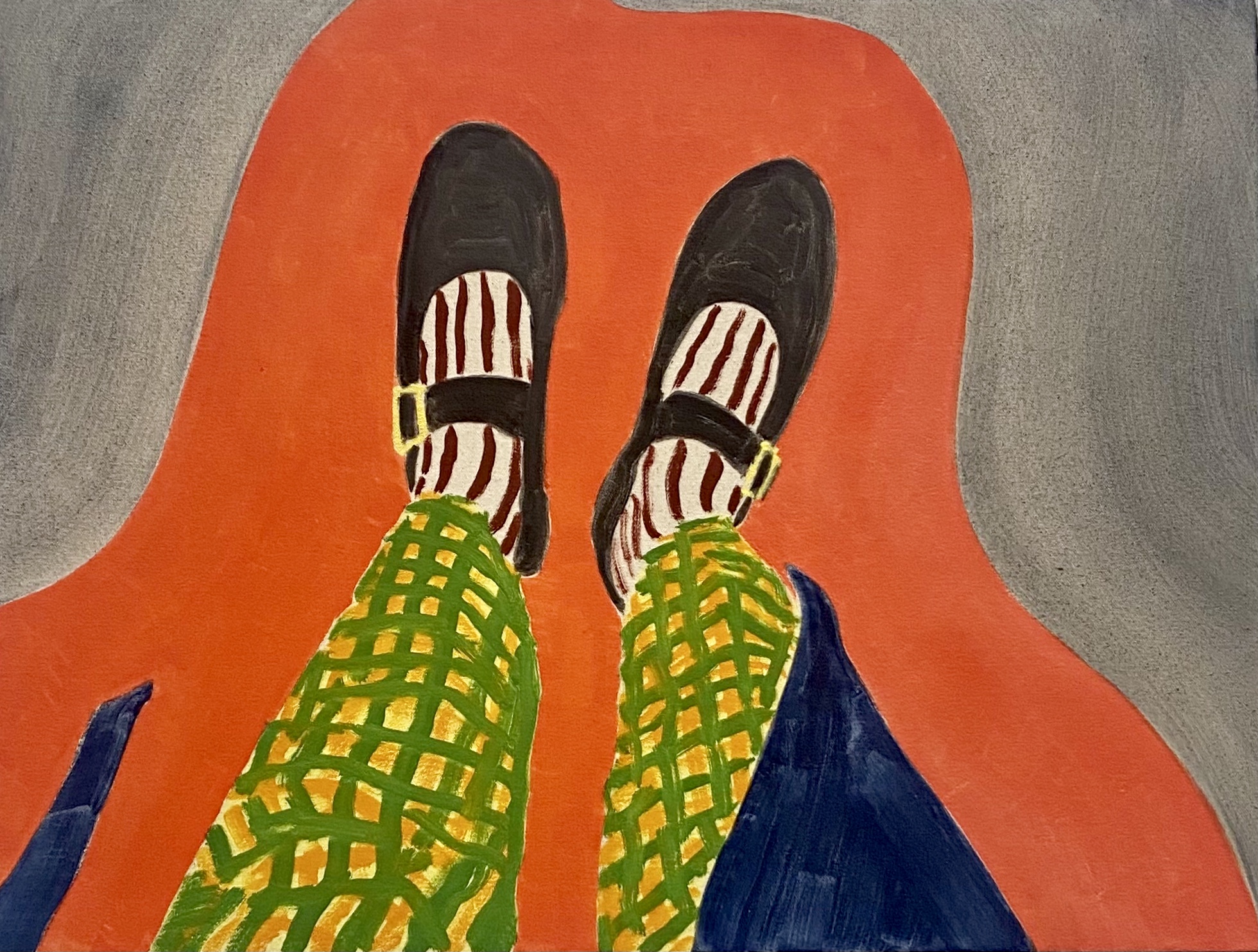 A first-person perspective painting depicting a pair of black shoes with striped socks and gold buckle straps, worn with lime green and gold patterned pants and a dark blue garment. The figure stands against a vibrant orange background, rendered in bold, flat colors with a playful, contemporary style.