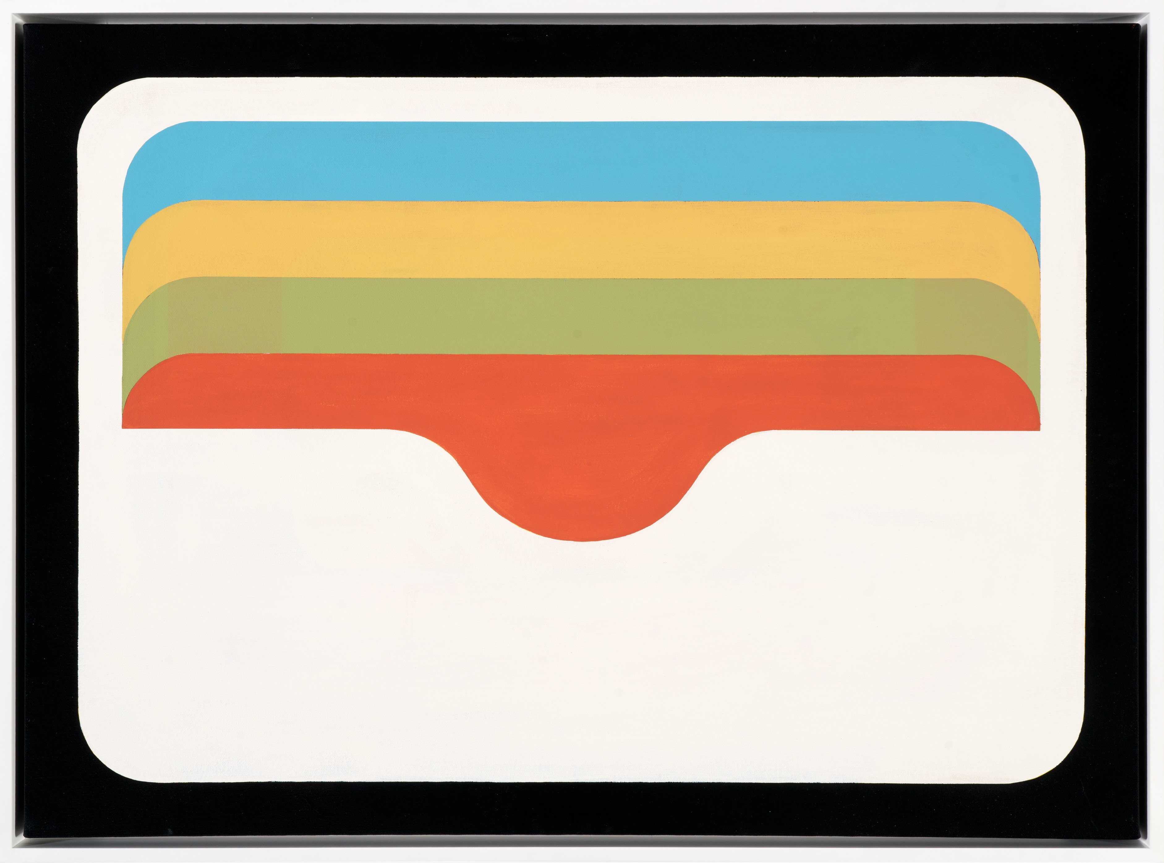 Minimalist composition featuring layered curved forms in blue, yellow, green, and red against a cream background, evoking the simplified silhouette of an open wallet or envelope.