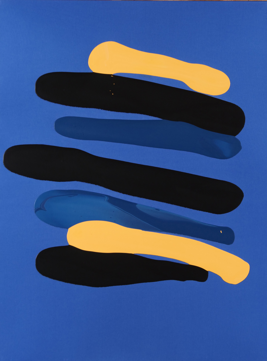Six horizontal brushstrokes arranged in a stacked composition against a vibrant blue background. The strokes alternate between black and shades of blue, with two golden yellow strokes positioned at the top and middle of the stack. Each stroke has softly rounded ends and casts a subtle shadow, creating depth and dimension across the surface.