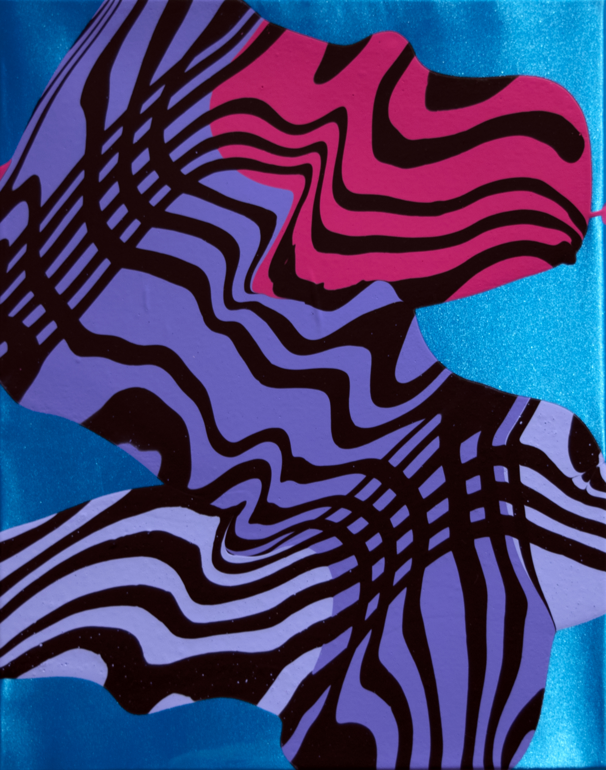 Abstract composition featuring undulating wavy lines in purple, pink, and black that create a dynamic, flowing form against a bright turquoise background. The rhythmic striped patterns and organic shapes suggest movement and depth across the textured surface.