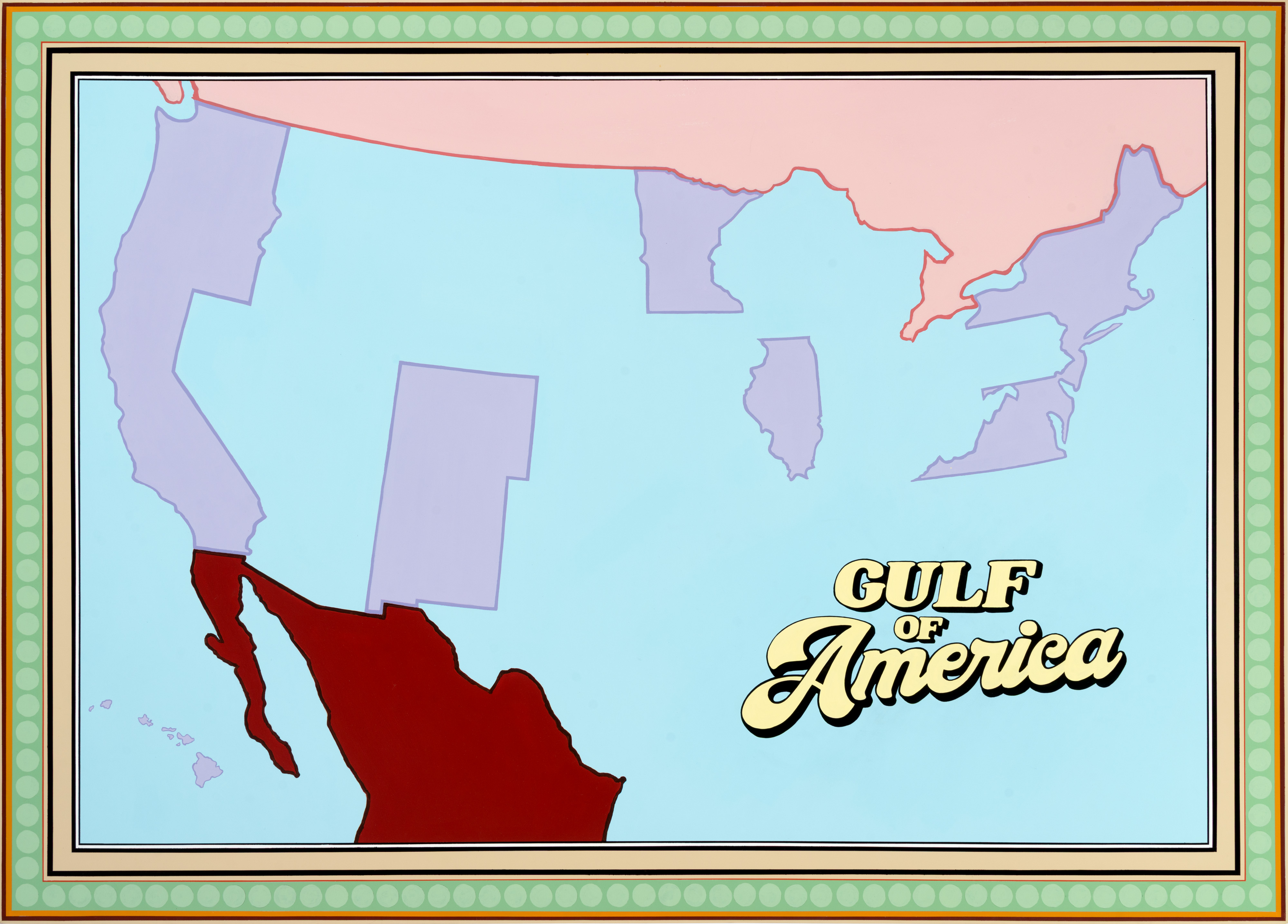 A map of the United States rendered in light blue and lavender, with a large dark red territory highlighting the Gulf of Mexico region and extending into Mexico. Decorative gold text reading "GULF of America" appears in the lower right. The work is framed with an ornate border featuring green and tan patterned edges with black and cream inner frames.