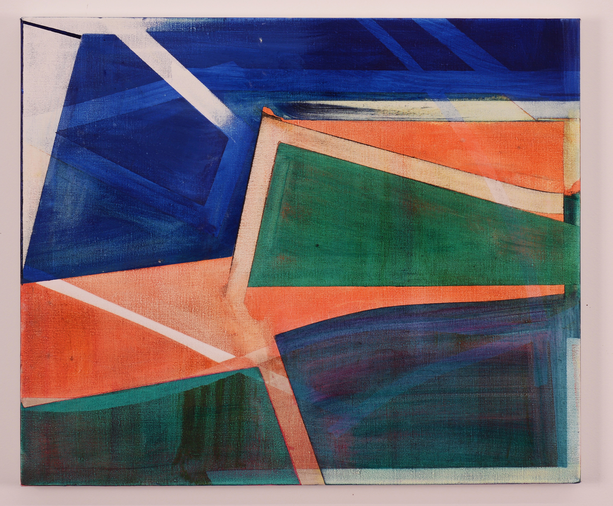 Abstract geometric composition featuring overlapping rectangular and angular forms in bold primary colors—deep blue, vibrant orange, and forest green—separated by white lines. The dynamic arrangement creates a sense of depth and movement across the canvas.