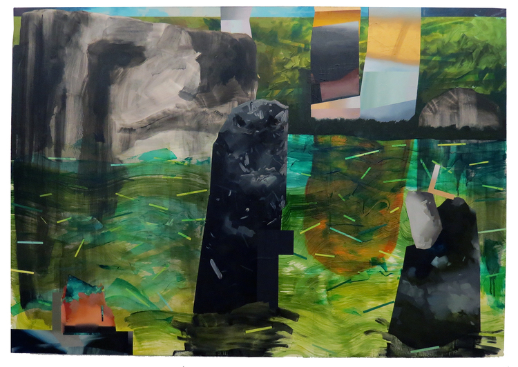 A mixed-media collage featuring stacked and overlapping painted panels depicting natural landscapes. Ethereal gray cliffs and dark silhouettes emerge from luminous green and turquoise waters, interspersed with abstract sections of sunset oranges, blacks, and gestural brushwork in yellows and greens. The layered composition creates depth through both physical dimension and painterly technique.