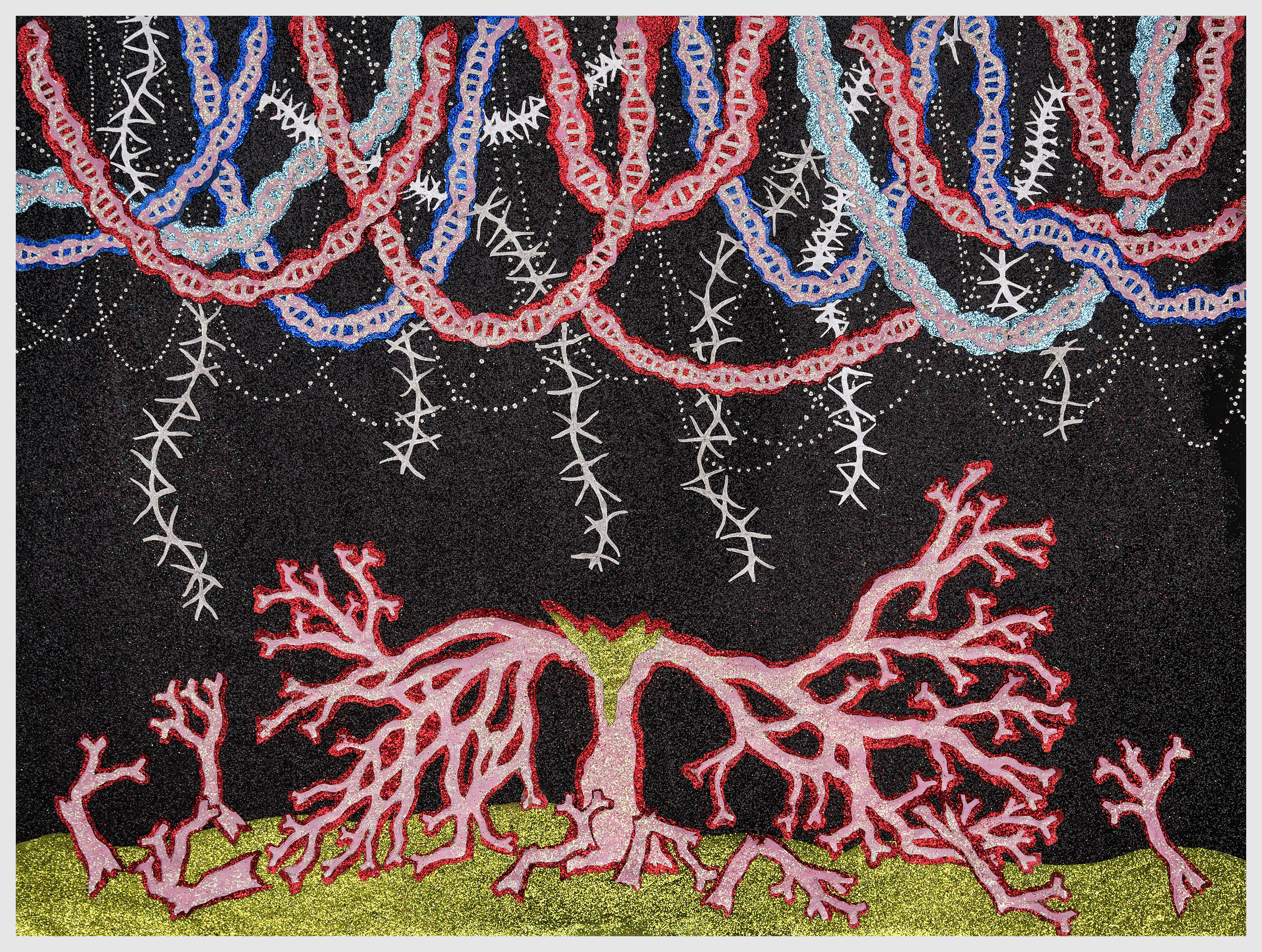 Intricate cut paper artwork featuring branching coral and tree-like forms in shades of pink and red against a black starry background, with decorative garland-like patterns strung across the top in red, blue, and glittery turquoise, embellished throughout with glitter and paint.