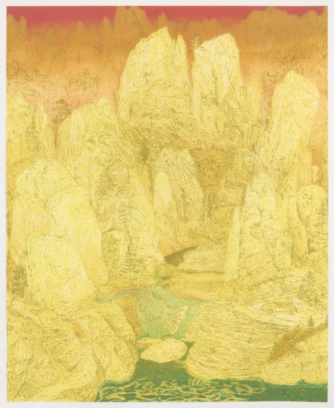 A monochromatic yellow landscape depicting tall, angular rock formations or stone structures arranged in a narrow passage, rendered with intricate linear hatching. A small green-toned figure sits in the foreground near a pool of water at the base of the rocks, creating a striking color contrast against the predominant golden and cream tones of the composition.