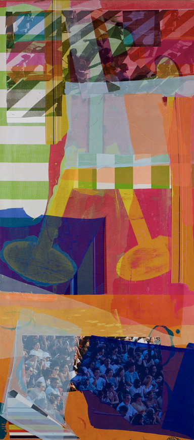 A vibrant mixed-media composition combining geometric abstraction with photographic elements. Layered rectangles and triangles in saturated colors—reds, oranges, yellows, blues, and greens—overlap with translucent fabric and digital printed photographs of crowds, creating a dynamic interplay between pattern, transparency, and figuration.