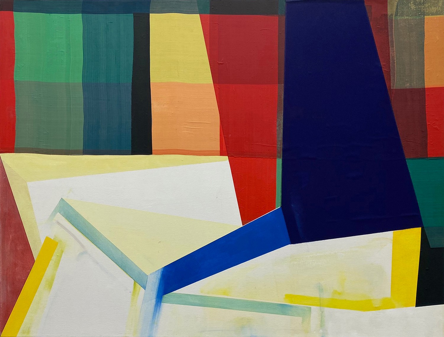 Abstract composition featuring a vibrant patchwork of colored rectangular sections in red, green, blue, yellow, orange, and navy arranged across the upper portion, with layered geometric forms in white, yellow, blue, and teal overlapping in the lower foreground, creating a sense of depth and movement through bold color blocking and angular planes.