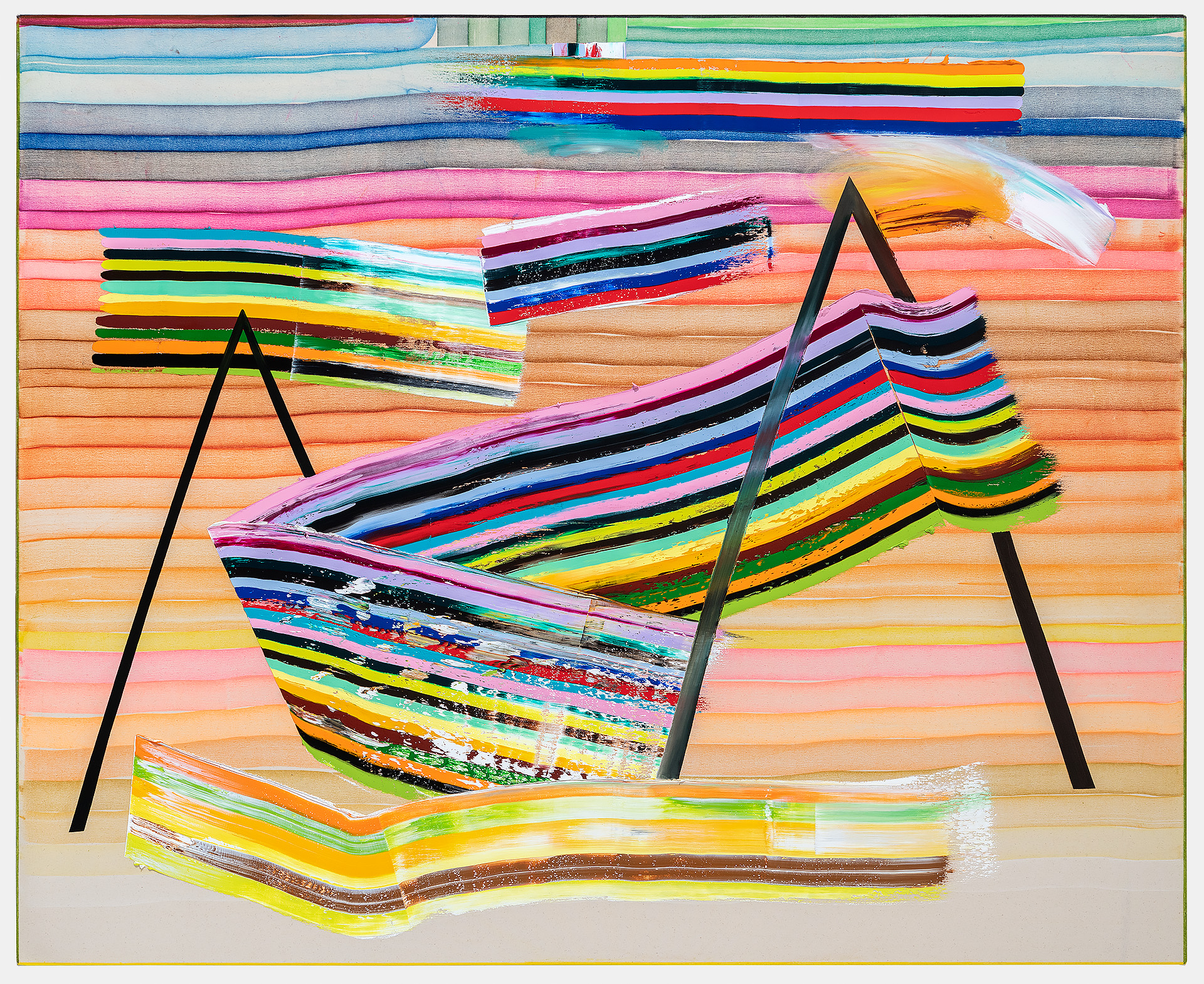 Vibrant abstract composition featuring stacked, layered strips of multicolored materials—including vivid yellows, pinks, blues, greens, and oranges—arranged across a warm peachy-orange background. Two black triangular forms frame the composition, creating a gestural, expressionistic quality with visible brushwork and textural depth.