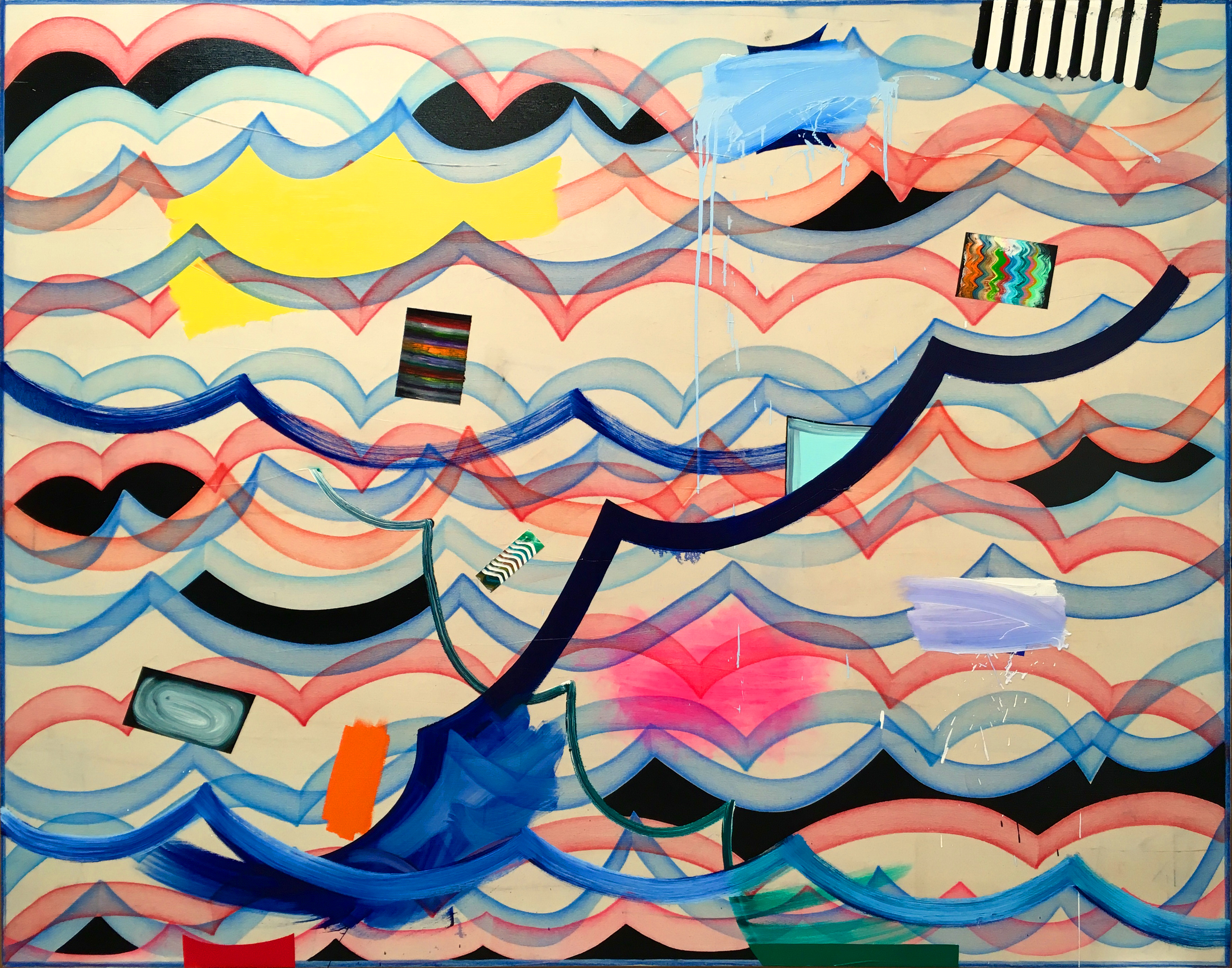 Abstract composition featuring layered, undulating waves in coral, blue, cream, and black that create a rhythmic, flowing pattern across the canvas. Embedded throughout are geometric fragments—colorful rectangles, striped forms, and translucent shapes in varying scales—that appear to float within and across the wave-like bands, creating depth and visual tension against the organic, rippling background.