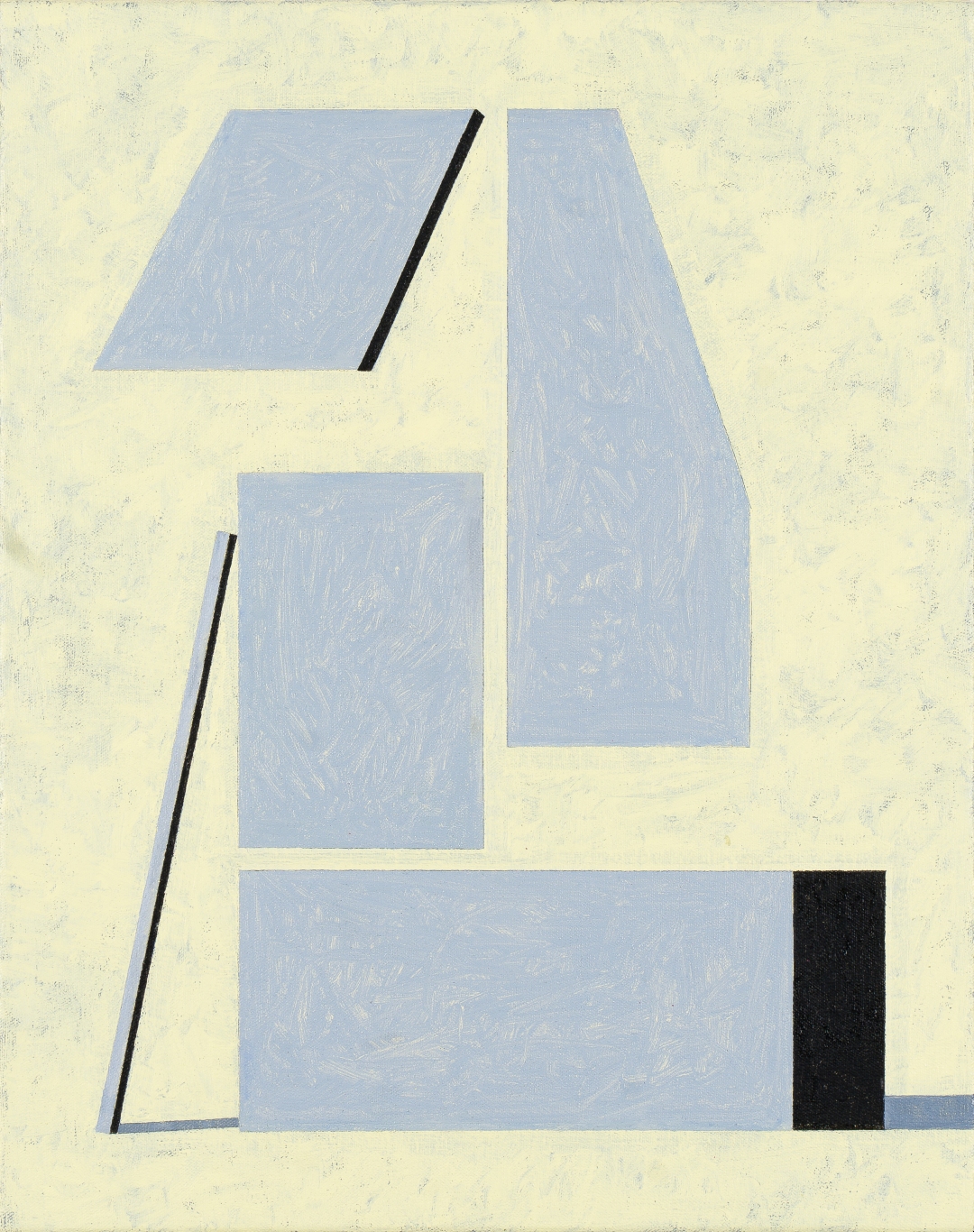Abstract composition of light blue geometric shapes arranged vertically against a cream background, accented with black linear elements and a small dark rectangle. The forms suggest an architectural or constructivist aesthetic with layered, angular planes.