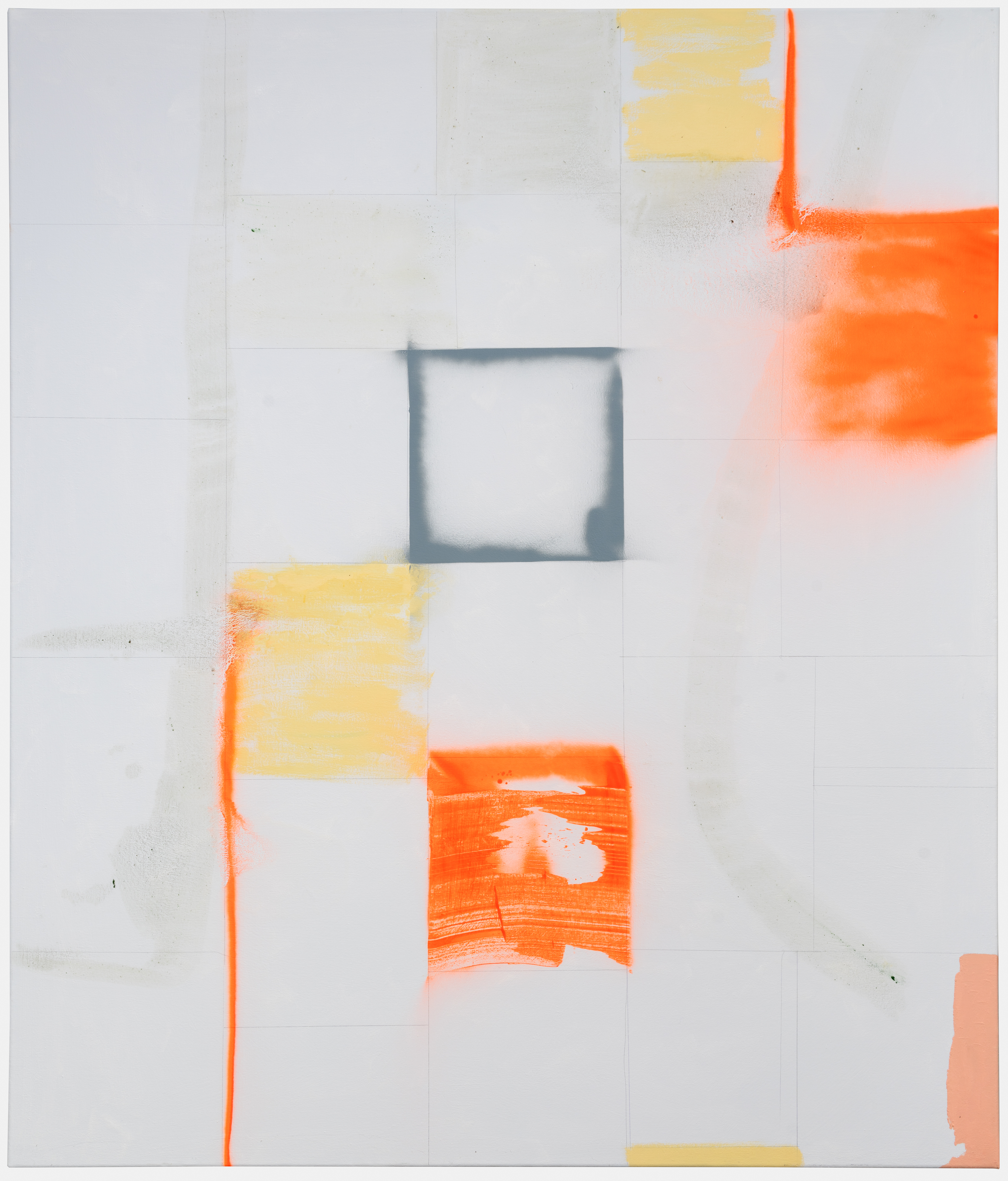 Abstract composition on white canvas featuring geometric forms in orange and yellow with spray-painted edges, a dark gray rectangular outline in the center, and visible brushstrokes creating layered, translucent effects across the grid-marked surface.