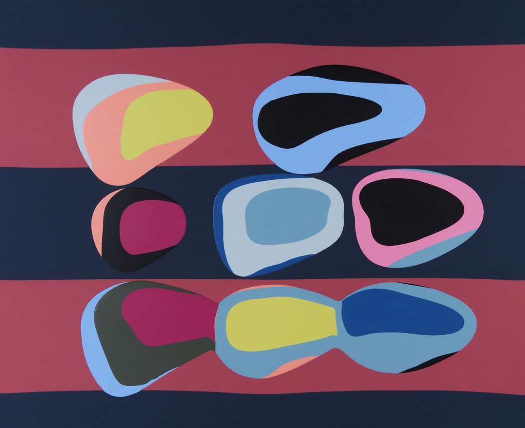 Abstract composition with horizontal stripes alternating between deep navy and mauve-red bands. Nine organic, biomorphic shapes in varying colors—including soft blues, pinks, yellows, and blacks—are arranged in a 3x3 grid across the striped background. Each form features curved, amorphous profiles with layered color blocking and bold outlines, creating a playful, modernist aesthetic.