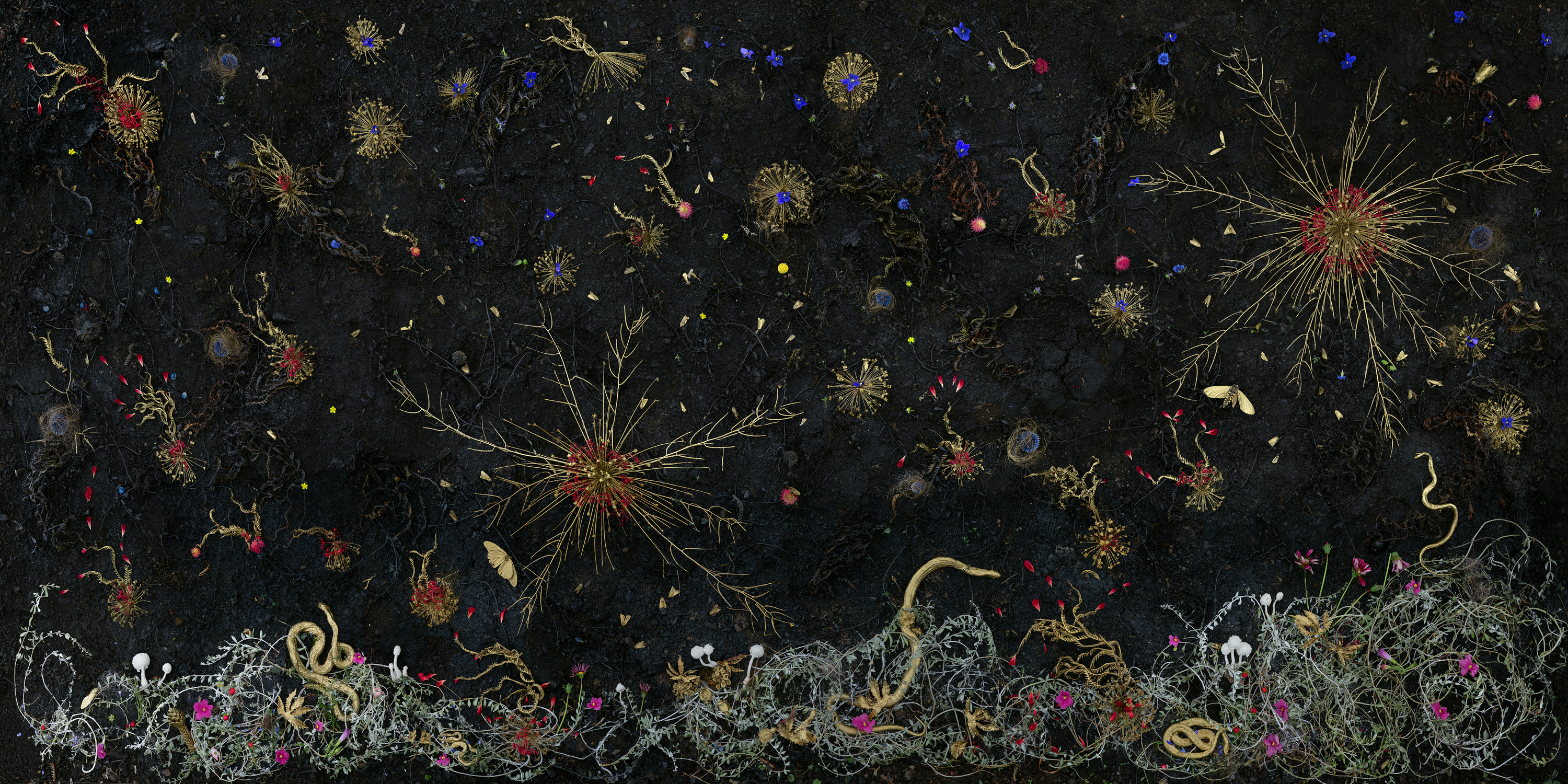 Intricate illustration on a dark background featuring luminescent botanical and cosmic imagery, with bioluminescent pigments creating glowing orbs, radiating starburst forms, and delicate plant tendrils in blues, reds, yellows, and whites. A dense, ornamental garden of otherworldly flora anchors the lower portion, while ethereal organisms and branching structures float throughout the composition.
