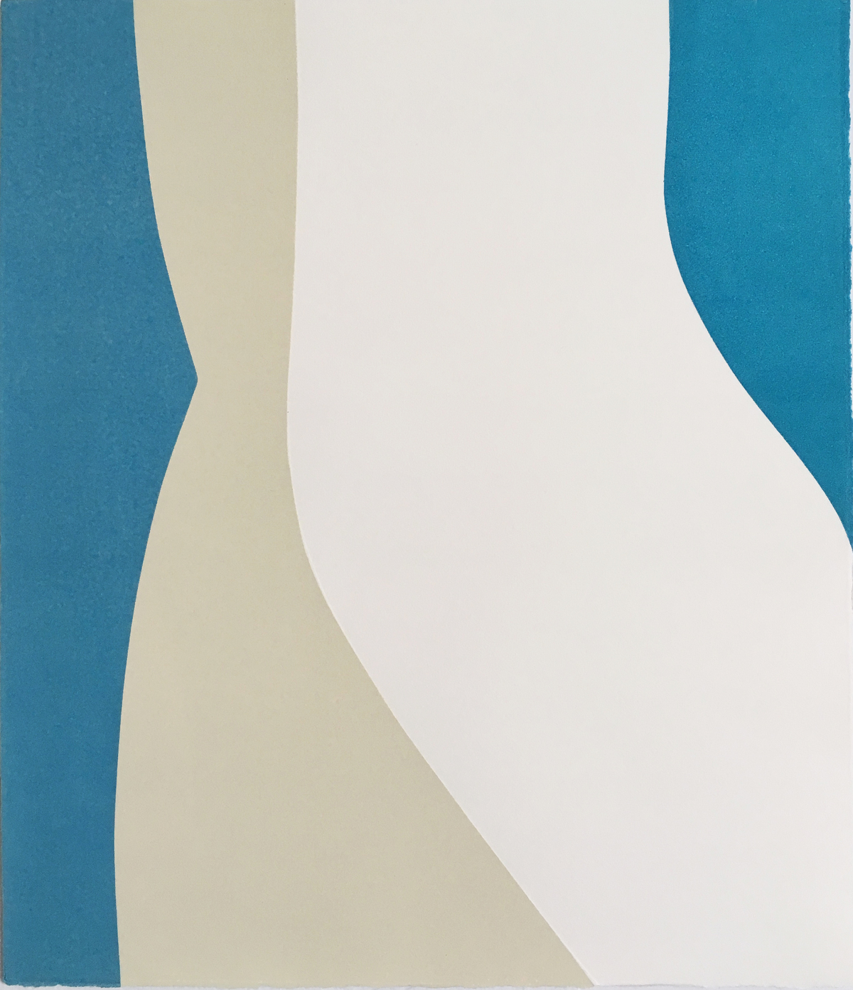Abstract relief print composed of vertical curved forms in teal blue, cream, and off-white, creating a flowing composition with subtle three-dimensional surface variations that cast soft shadows across the paper.