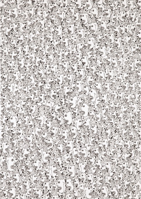 Densely layered black ink linework on white paper creates an intricate, all-over pattern of intertwining organic forms—curved lines, botanical motifs, and gestural marks that repeat vertically across the composition with rhythmic variation. The meticulous, repetitive quality builds a mesmerizing visual field that oscillates between figuration and abstraction.