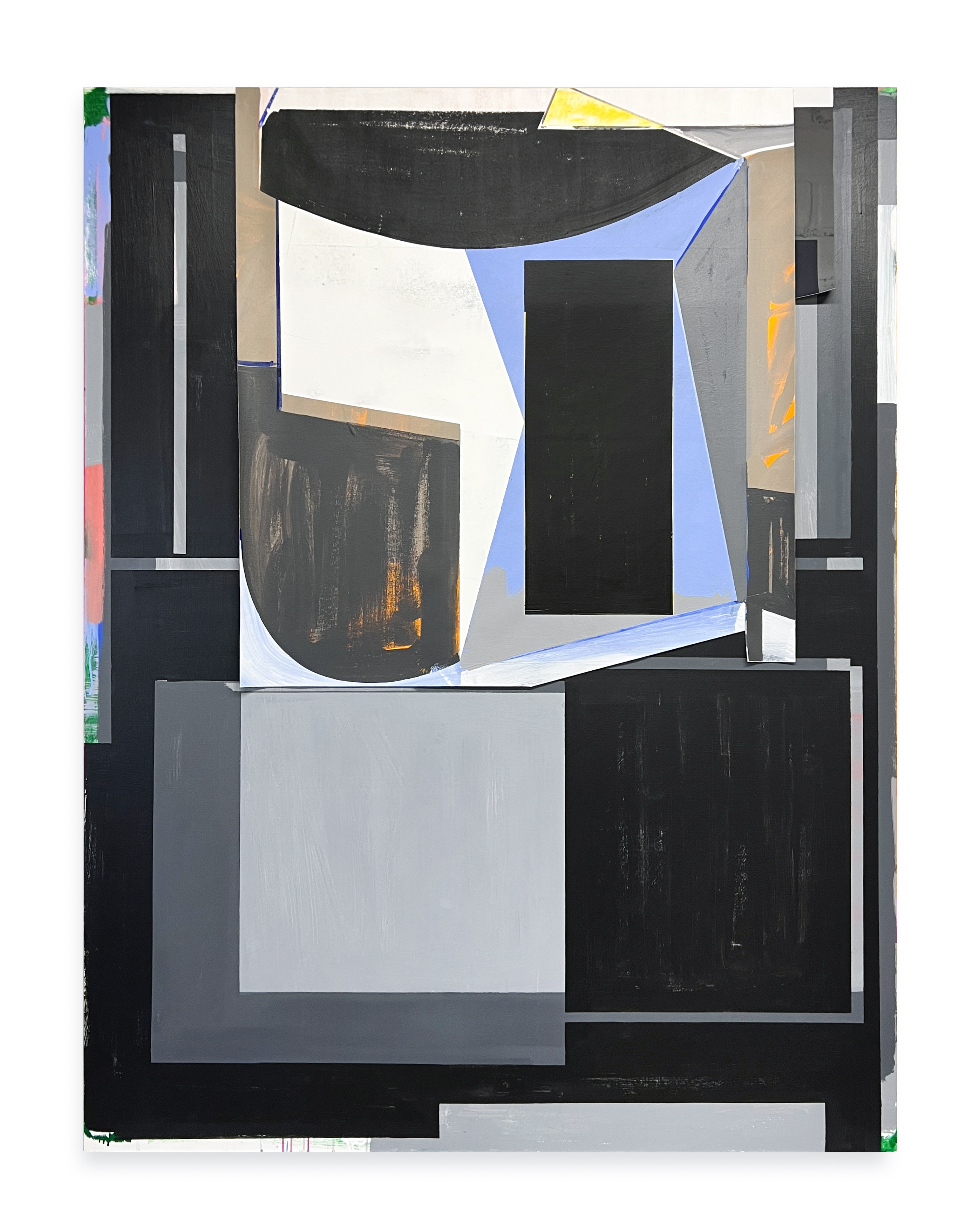 Abstract composition featuring geometric shapes in black, white, blue, and gray tones. Layered rectangles and curved forms create depth across the canvas, with touches of yellow and rust orange accents, arranged in a fragmented, collaged style suggesting architectural or spatial elements.